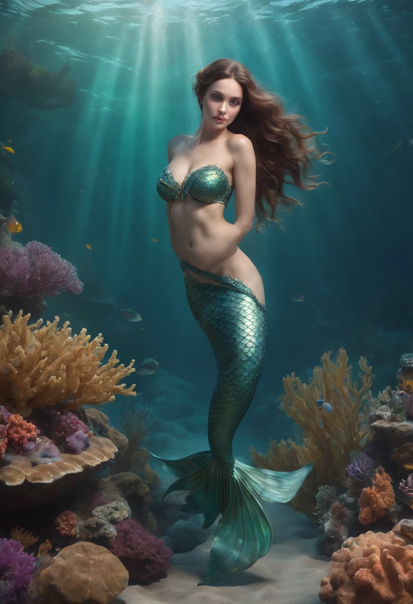 (professional 3d render:1.3) ((full body of a mermaid swimming)) (Realistic:1.3) most beautiful artwork photo in the world，(((brown hair))), ((detailed brown eyes)), brunette, Mediterranean face, beautiful face, Caucasian, ((long mermaid tail)), (((detailed mermaid fins))), full body, movement, Features soft and shiny, ((Epic mermaid fantasy long hair in dynamic pose,full tail, Fantastic location, Majestic cluttered environment)), full body 8k unity render, action shot, skin pore, heavyshading, Detailed, Detailed face, (vibrant, photograph realistic, Realistic, Dramatic, Dark, Sharp focus, 8K), (fish scales:1.4), ((((mermaid tail)))), (Intricate:1.4), decadent, (Highly detailed:1.4), Digital painting, rendering by octane, art stations, concept-art, smooth, Sharp focus, illustration, Art germ, (loish:0.23), (Global illumination, Studio light, volumettic light), underwater, ocean, lotr, fantasy, mermaid, ((ocean background:1.3)),((sea life:1.3)),((corals:1.3)),CGSesociety,art stations