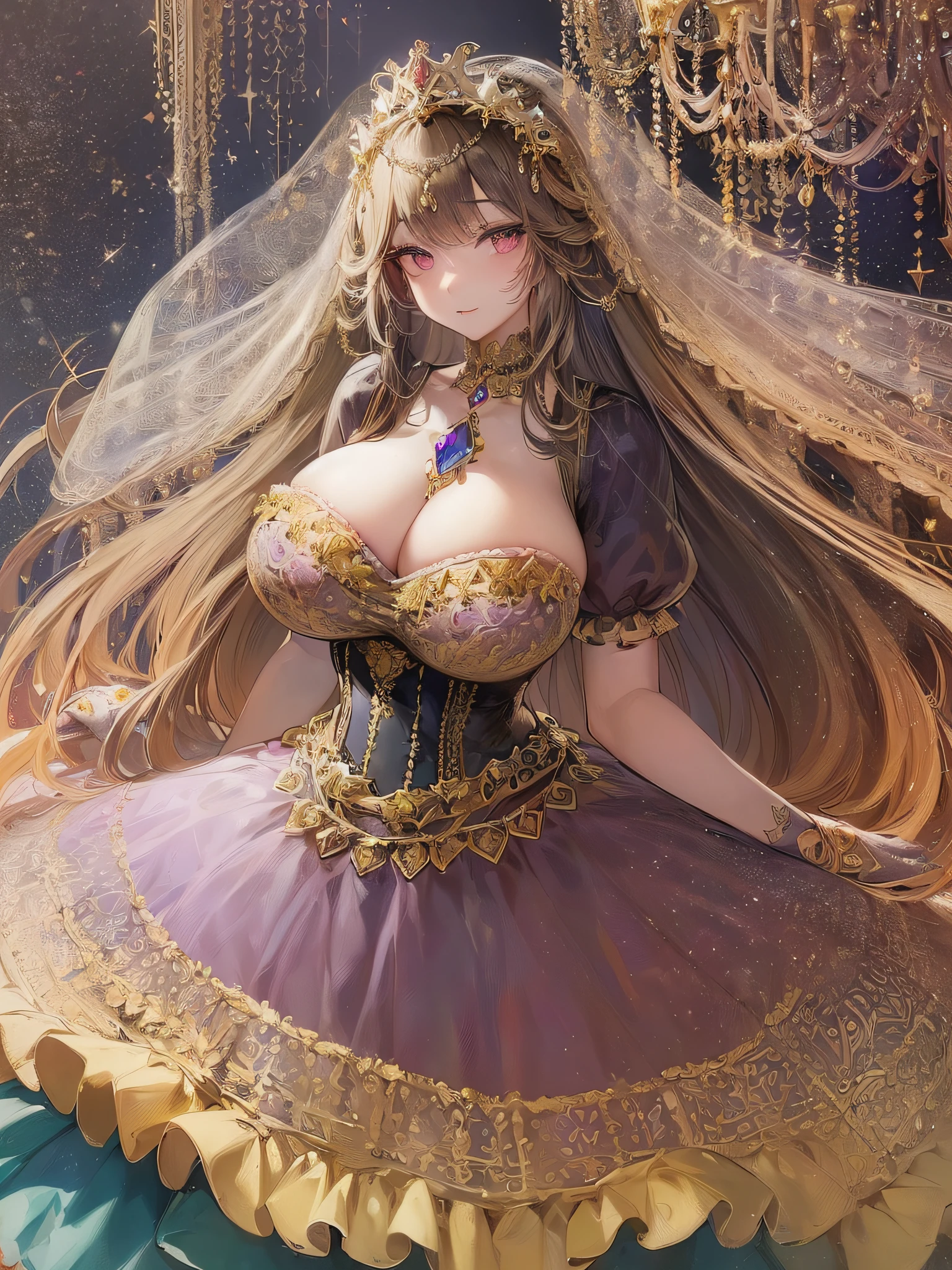 ((anime artstyle)),(Masterpiece),(Best Quality), (Super Detail),((Very Delicate and Beautiful)),cinematic lighting,1 girl,((full body portrait)),((standing in garden)),((solo)),(((1 fairytale princess in gorgeous embroidery and jeweled extremely gorgeous rococo princess ballgown with voluminous full length hoop skirt))),an hourglass waist,padded and corseted bodice,(((huge crinoline hoopskirt))),long train,((gorgeous embroidery and jeweled)),voluminous frills,See-through,(((extremely gigantic tits,skindentation))),cleavage,((absurdly Long Straight Hair,extremely voluminous Straight long Hair,absurdly Long Straight Hair)),(finely detailed face and eyes),(Blush,Smile),clear pupil,extremely gorgeousfull hair ornament,(bling-bling jeweled extremely gorgeousfull tiara),((bling-bling gorgeous gemstone jewelry)),gorgeous long veil,((ultra long gloves)),(beautiful background),(full body),((gorgeous embroidery and jeweled extremely gorgeous rococo princess ballgown with voluminous full length hoop skirt))