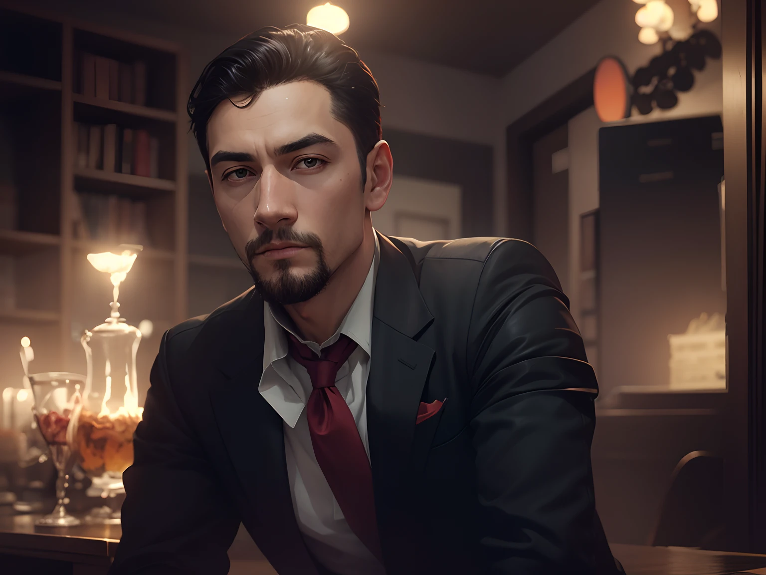 Imagine a man wearing an elegantly cut black suit. His costume is impeccable, with a perfect cut and an impeccable tie. It is standing in a dark and mysterious environment with low light, which creates a suspenseful mood.

In his hands, this man holds a glass of red wine. It is large, bulky and looks quite heavy. The cup is well crafted, with a sophisticated design and an intense ruby red color that is impossible to ignore.

However, something very strange catches the attention of those who observe it. There where his head should be, in place of the man's face, is a Moai statuette of Easter Island. The statue is about the size of the human head and is made of dark gray stone.

The Moai seems to be looking at the man's wine glass, as if contemplating it with interest. However, as it has no expression. --auto --s2