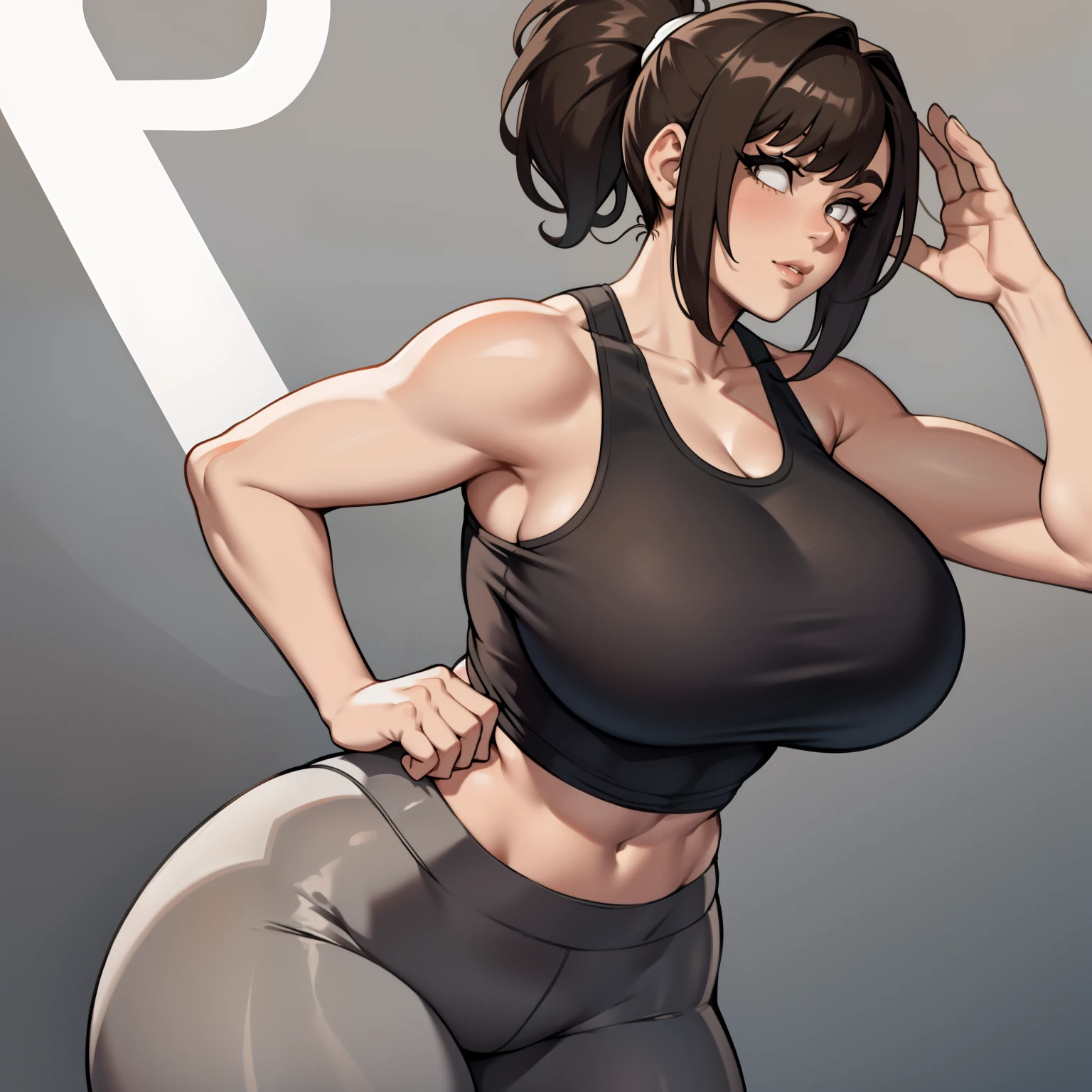 one female with short ponytail brown haircut, wearing yoga pants and a grey tank top, thicc, alone, solo, (ALONE)(SOLO), showing cleavage