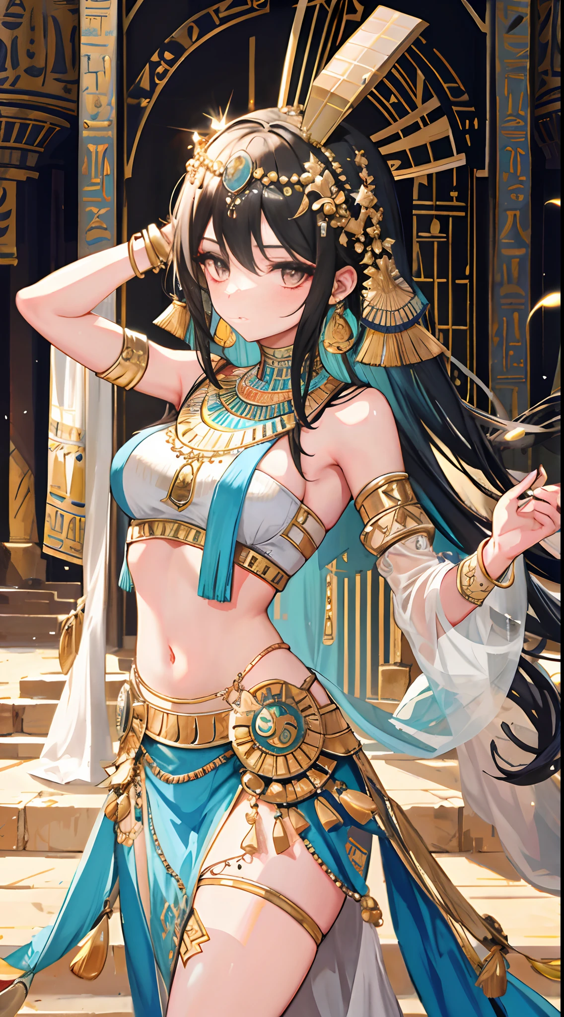 realisticlying、Ancient Egypt、Two girls in Cleopatra style、Clothing in the time of the pharaohs、Put a little emphasis on the valley、Face Real、A sexy、Face smile、Breasts enlarged