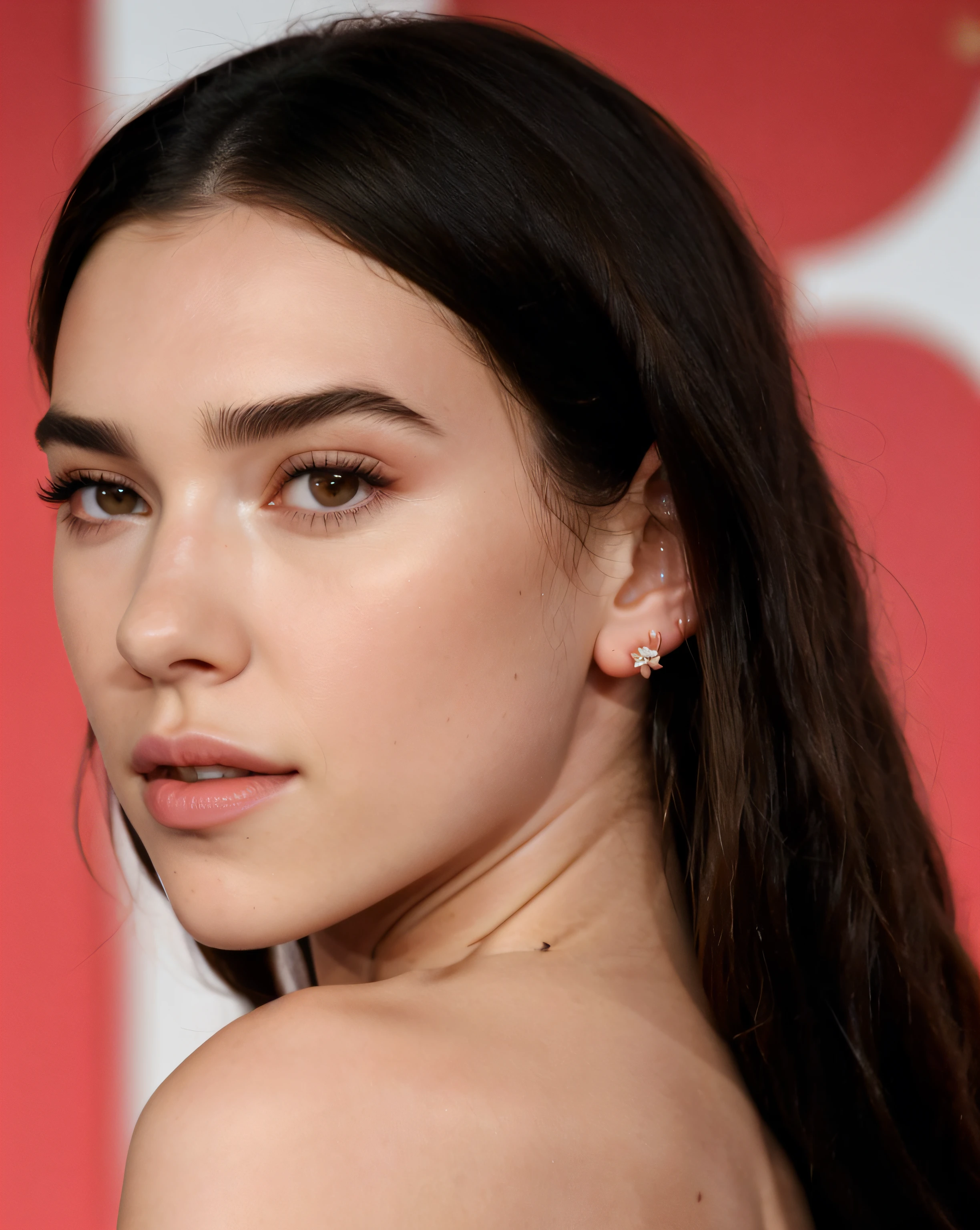 a close up of a woman with long hair and a pink dress, dua lipa, hailee steinfeld, charli bowater, sexy lips :5 stylish, slight smirk, florence pugh, kendall jenner, 18 years old, charli xcx, big cheekbones, beautiful cheekbones, bella poarch, high cheekbones, madison beer, prominent cheekbones