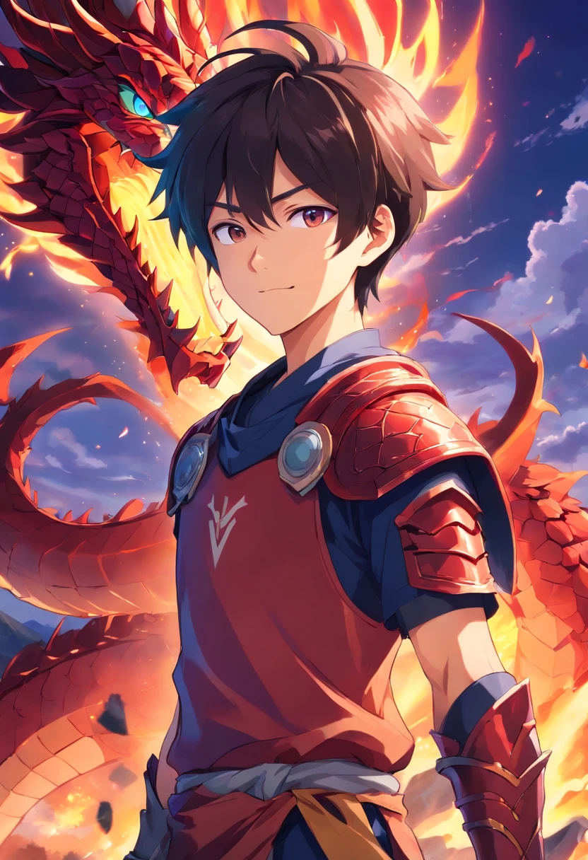 A boy, transformed into an anime style, with exaggerated unique facial features and dragon armour with Tatto on body, standing on a hill with black purple red fire aura , backlit background highlighting the subject, high-contrast colors, 4K high-definition quality，young, smiling, warrior, god like look