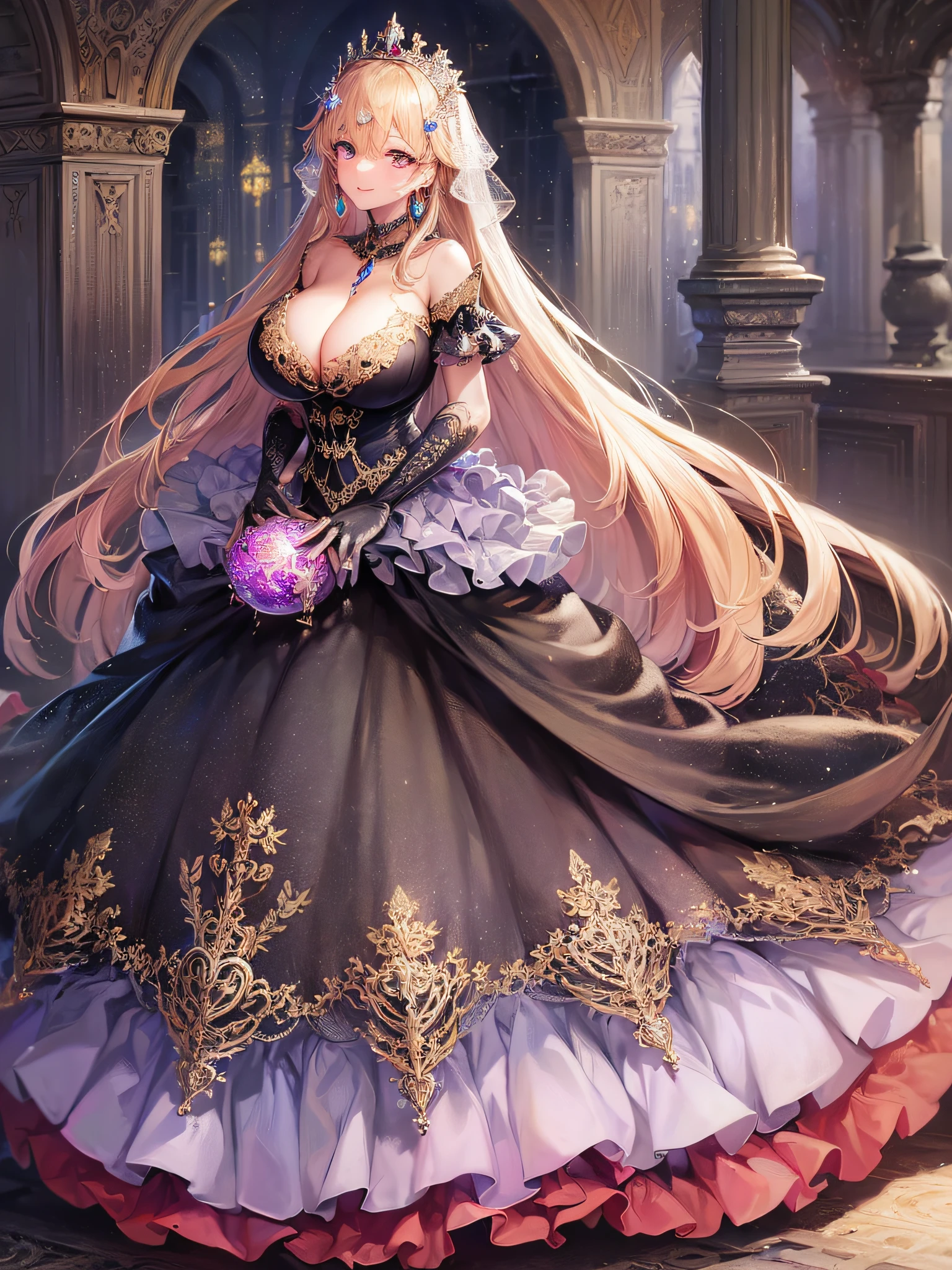 ((anime artstyle)),(Masterpiece),(Best Quality), (Super Detail),((Very Delicate and Beautiful)),cinematic lighting,1 girl,((full body portrait)),((standing in garden)),((solo)),(((1 fairytale princess in gorgeous embroidery and jeweled extremely gorgeous rococo princess ballgown with voluminous full length hoop skirt))),an hourglass waist,padded and corseted bodice,(((huge crinoline hoopskirt))),long train,((gorgeous embroidery and jeweled)),voluminous frills,See-through,(((extremely gigantic tits,skindentation))),cleavage,((absurdly Long Straight Hair,extremely voluminous Straight long Hair,absurdly Long Straight Hair)),(finely detailed face and eyes),(Blush,Smile),clear pupil,extremely gorgeousfull hair ornament,(bling-bling jeweled extremely gorgeousfull tiara),((bling-bling gorgeous gemstone jewelry)),gorgeous long veil,((ultra long gloves)),(beautiful background),(full body),((gorgeous embroidery and jeweled extremely gorgeous rococo princess ballgown with voluminous full length hoop skirt))