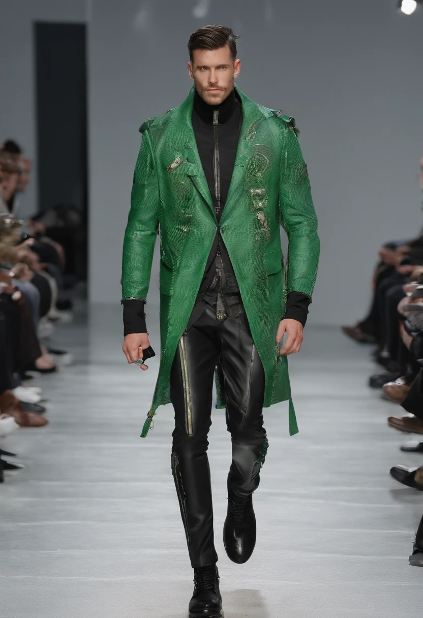 una imagen vector donde, se puede ver a un hombre que irradia una elegancia futurista en su apariencia. The cold colors dominate in his garment the protagonist is the green color The wide pants he wears have a rough and unique texture that reflects a mixture of modern and advanced elements. The fabric seems to be composed of microtechnology, with small subtle LED lights that flash intermittently along rough textures. The man's attire is completely asymmetrical, lo que le da un toque vanguardista y llamativo. En su parte superior, He wears a jacket that wraps asymmetrically around his torso, creating a sense of movement and dynamism in your style. The jacket is adorned with glossy metallic details that ref.