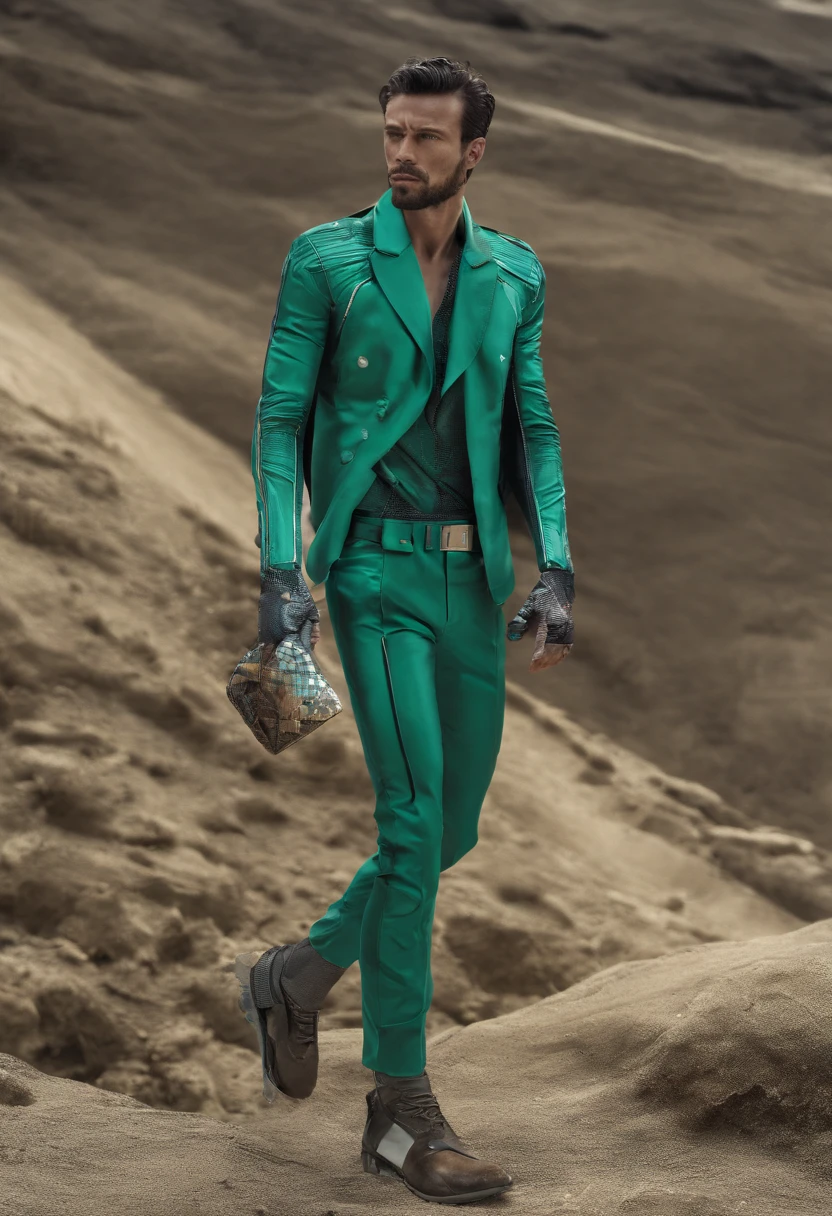 una imagen vector donde, se puede ver a un hombre que irradia una elegancia futurista en su apariencia. The cold colors dominate in his garment the protagonist is the green color The wide pants he wears have a rough and unique texture that reflects a mixture of modern and advanced elements. The fabric seems to be composed of microtechnology, with small subtle LED lights that flash intermittently along rough textures. The man's attire is completely asymmetrical, lo que le da un toque vanguardista y llamativo. En su parte superior, He wears a jacket that wraps asymmetrically around his torso, creating a sense of movement and dynamism in your style. The jacket is adorned with glossy metallic details that ref.