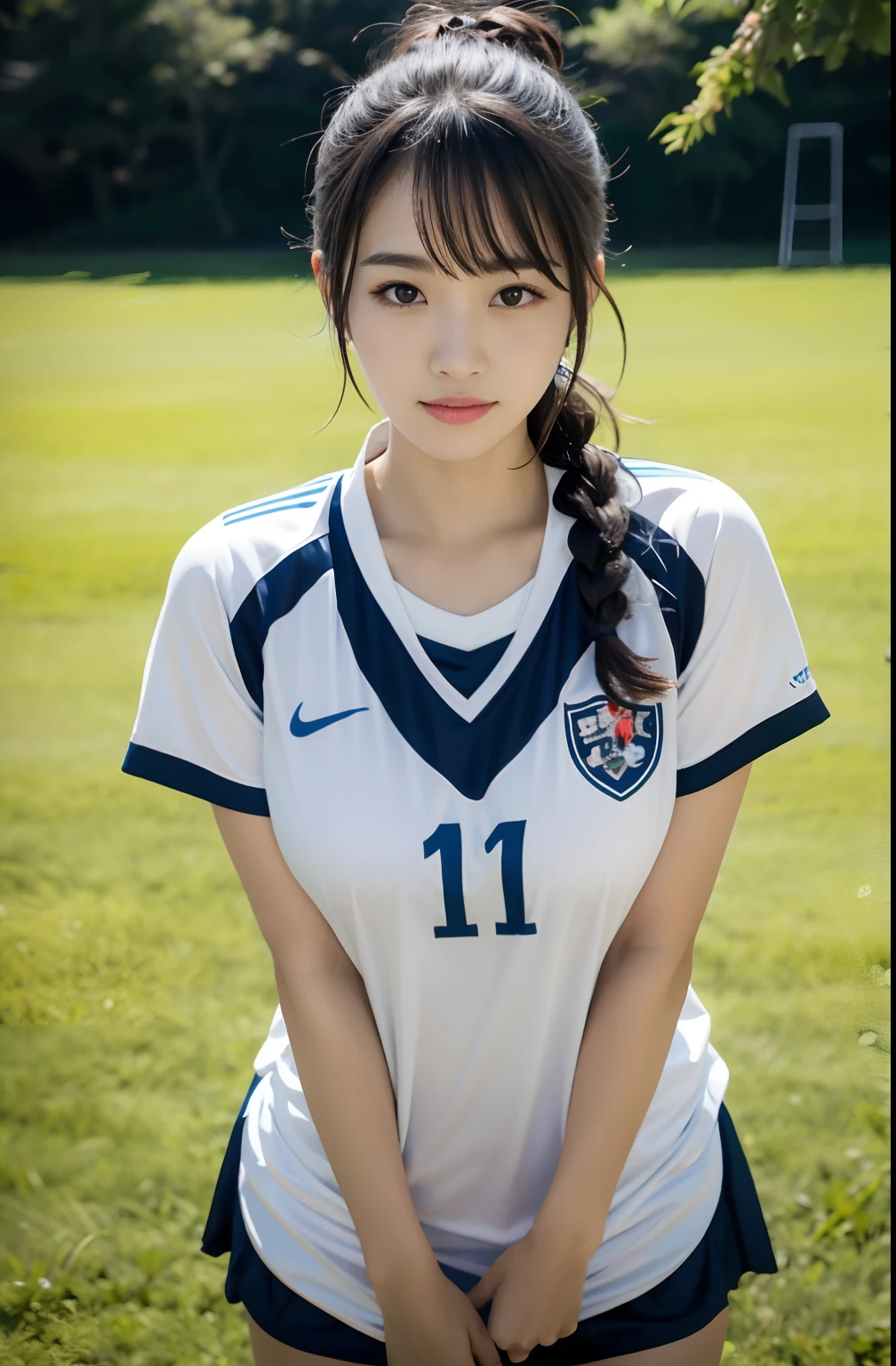 (8K, Raw photo, top-quality, ​masterpiece: 1.2), ​masterpiece, super detailing, Ultra-high decomposition energy A, (Realistic and realistic photos: 1.37), high-definition RAW color photography, Very delicate and beautiful., About Igree, 8K Wallpaper, astonishing, detaileds, extremely detailed eye, highlydetailed skin, extremely detailed fingers, highly detailed nose, highly detail mouth, perfect anatomia,1girll, (Soccer Uniforms), hazy, blured background, Blurred foreground, blush, braid, pectoral muscles, depth of fields, eyebrows visible through hair, Frild, hair between eye, Soccer Field、 Soccer Balls、The navel reveals the appearance、cleavage looks bigger、goal、Short hair, Solo, Colossal tits、乃木坂アイドル、韓国アイドル、hposing Gravure Idol、 Star、18year old、tall、韓国アイドル、乃木坂アイドル、 Star、hposing Gravure Idol、((full body Esbian)),