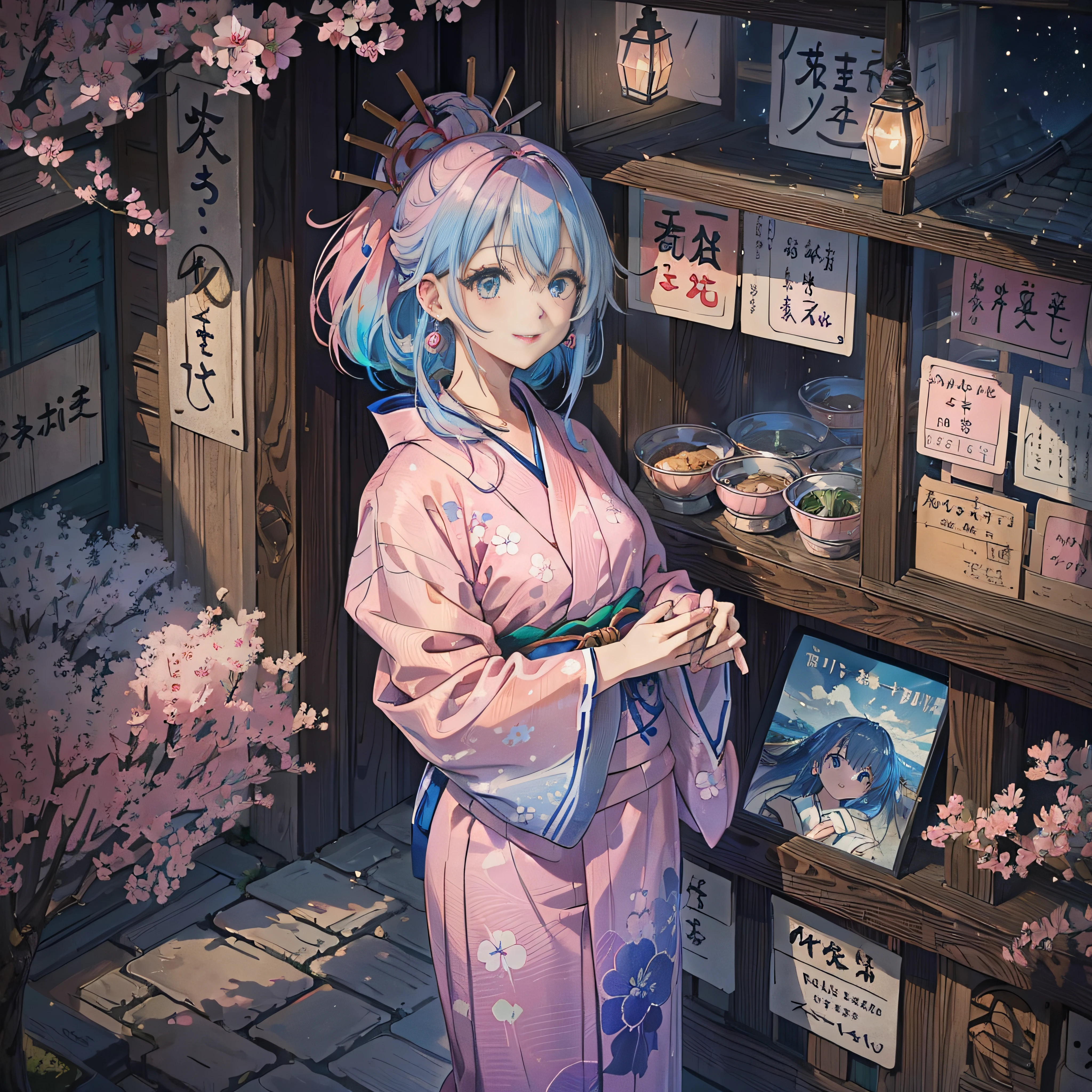 (masutepiece), (((Highest Quality)), (super detailed), 1 girl, (Iridescent hair, Colorful hair, Half blue and half pink hair: 1.2), 17 years old, (Yukata: 1.2), plein air, Bangs, Smile, sky-blue eyes, Perfect hands, Perfect hands, Hand Details, Corrected Fingers. earrings, Night Store + Background, up looking_で_viewer, Cowboy Shot, of the highest quality, rich detail, Perfect image quality, --auto