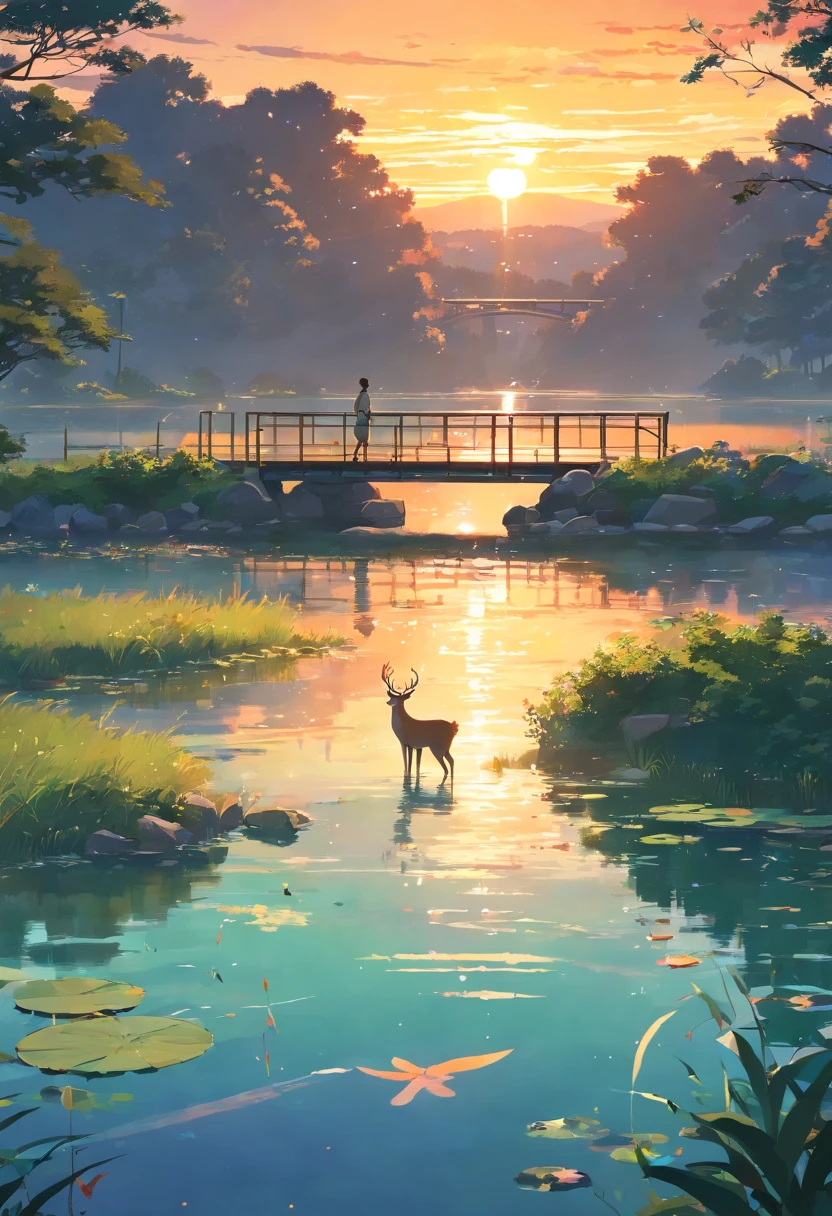 bridge over pond nature, bird, sunset, deer