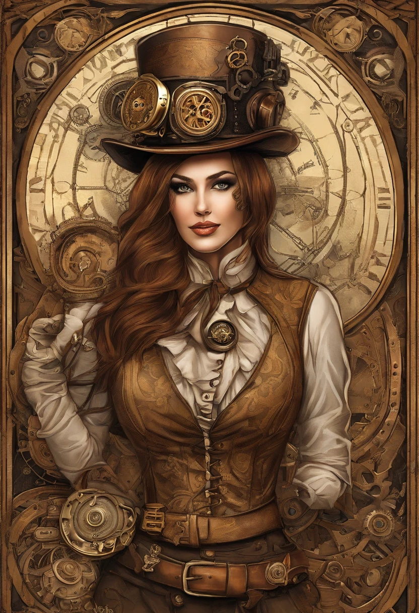 There is a woman in a Steam Punk hat and with a gun in her hands., steampunk girl, in steampunk costumes, Steampunk Inventor Girl, (steampunc), ( steampunc ), steampunk style, steam punk, Steampunk fiction, steampunk aesthetic, The beautiful goddess of steampunk, steampunk beautiful anime woman, steampunc, Steampunk fantasy, steampunk fantasy style, steampunk art, steampunk digital art, steampunk clothes