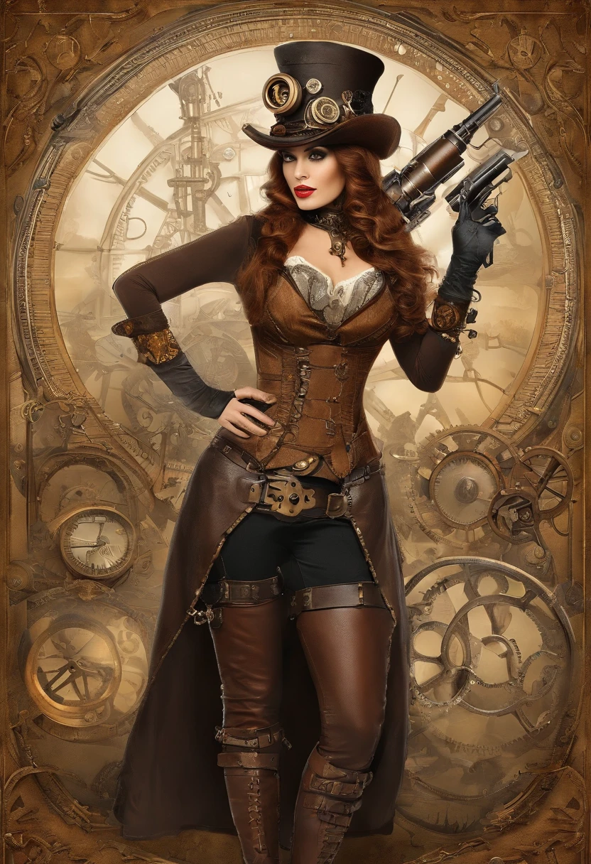 (((steampunk))),ultra realistic 8k cg, picture-perfect face, flawless, clean, masterpiece, professional artwork, famous artwork, perfect face, beautiful face, beautiful eyes, ((perfect female body)),large breasts, solo,, ,skirt,,blush,seductive expression,extremely detailed_eyes,thick thighs,((ginger hair)), short hair,, beautifully detailed background,depth of field,,bdsm,skindentation,full body,shirt,, pantyhose, (soft red lipstick), (steampunk backpack)