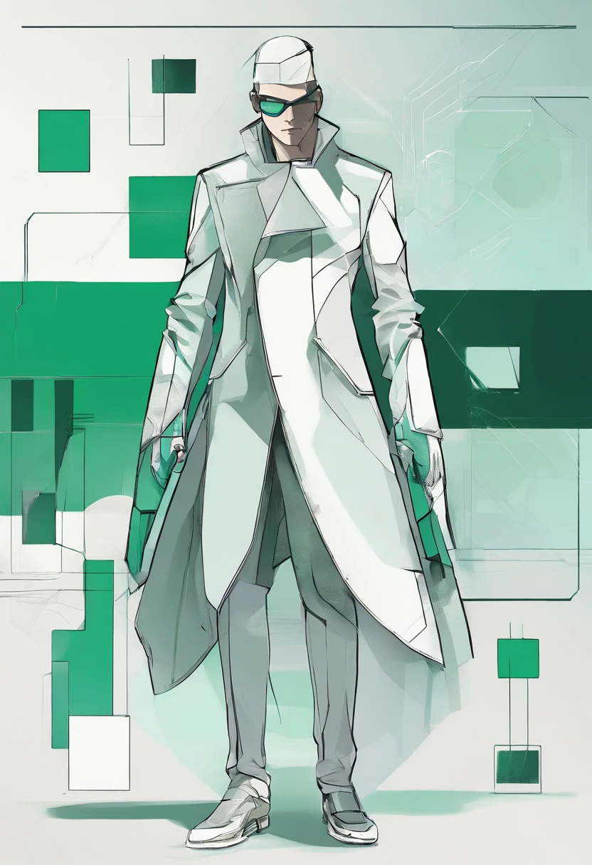 una imagen vector donde, se puede ver a un hombre que irradia una elegancia futurista en su apariencia. The cold colors dominate in his garment the protagonist is the green color The wide pants he wears have a rough and unique texture that reflects a mixture of modern and advanced elements. The fabric seems to be composed of microtechnology, with small subtle LED lights that flash intermittently along rough textures. The man's attire is completely asymmetrical, lo que le da un toque vanguardista y llamativo. En su parte superior, He wears a jacket that wraps asymmetrically around his torso, creating a sense of movement and dynamism in your style. The jacket is adorned with glossy metallic details that ref.