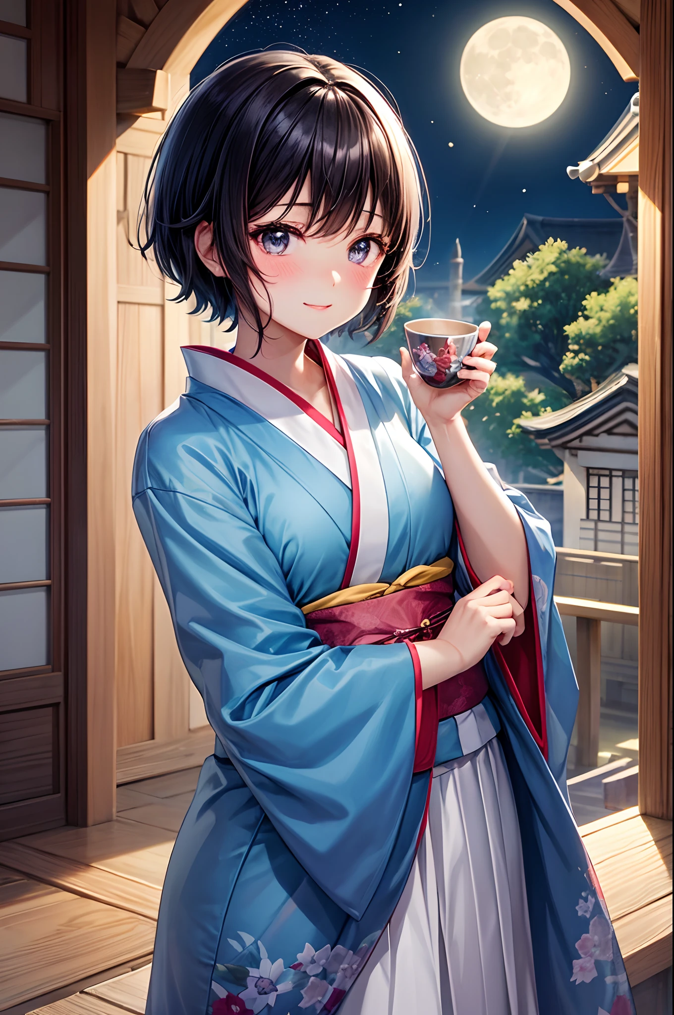 Best Quality、、Very cute、Terena's face、short-hair、Moon Night、Black hair、Schools、I want to blush、Staring at this、Wink、twinkling、Kimono、Serve tea