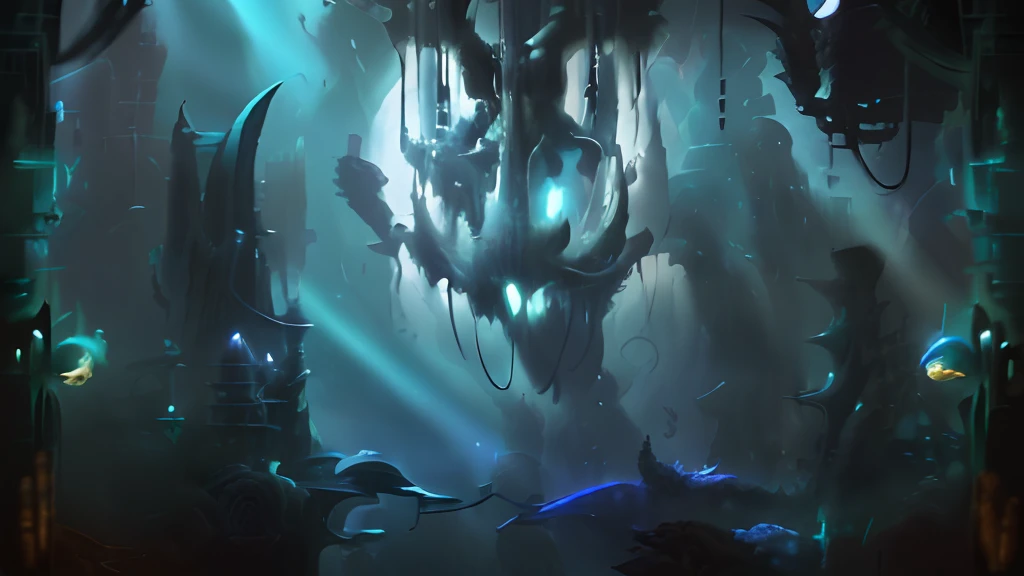 sideview, cave, 2D game, platform,Hollow Knight, Lovecraft, ((H.R Giger)), (Dan Mumford), ((ancient biomechanical city)), Dan Mumford. concept art, detailed sci-fi art, Cyber Sanctuary, detailed cover art, alien temple, Giger RH style, h r giger style