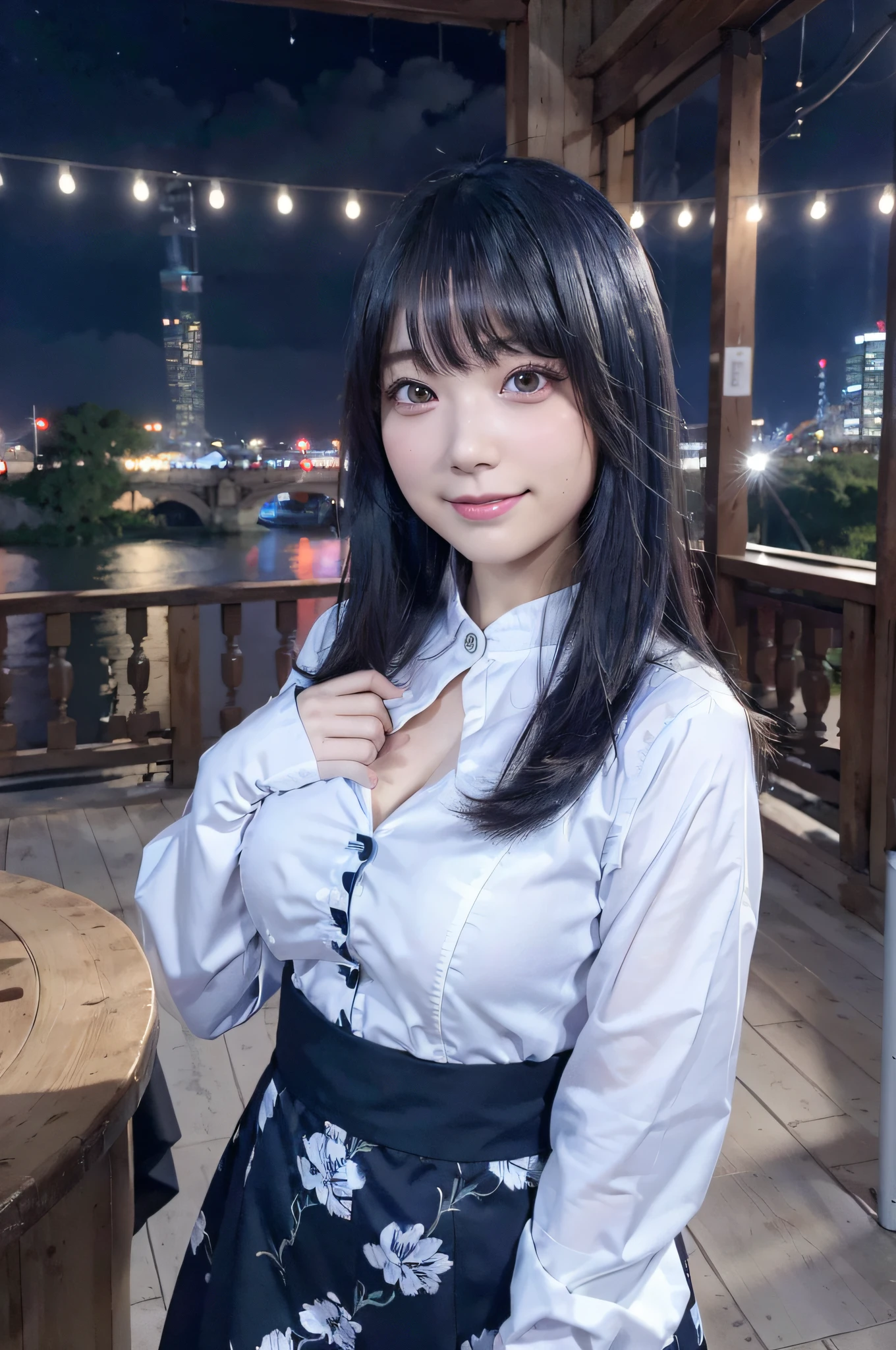 ((masutepiece)), ((Best Quality)), (Ultra-detailed), ((Extremely detailed)), 4K, (8K), Best Quality, (Beautiful), city, Town, Winters, Cute little girl s, 1girl in, Solo, Y shirt, JINS, The costume, Beautiful blue hair 0, ((Beautiful eyes)), large full breasts, Smile