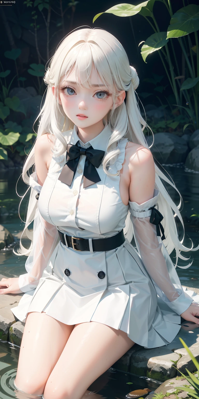 Medium and perfect breasts ((beautiful and sexy girl)), white hair, wavy at the ends, long hair, extremely sexy body, white skirt dress, sleeves up to the elbow, white socks, buttons, bow tie, stylish synthetic belt at the waist, legs submerged in water ((hyper realistic, hyper detailed, 8k, perfect lighting)), cute expression, looking at the viewer, sitting in the middle of a small stream, small stream, wild plants around,