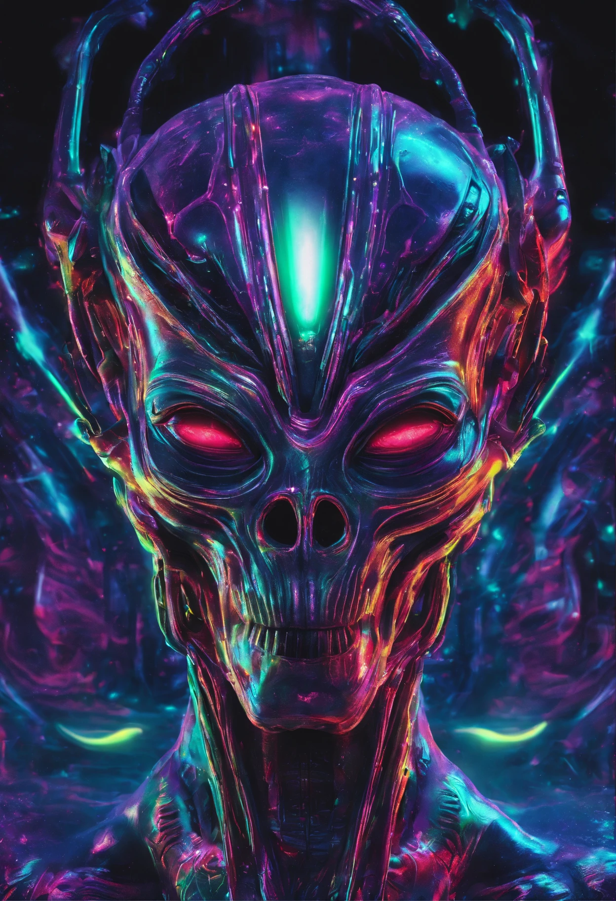 a masterpiece alien in a halloween custome, glowing iridicent neon colors