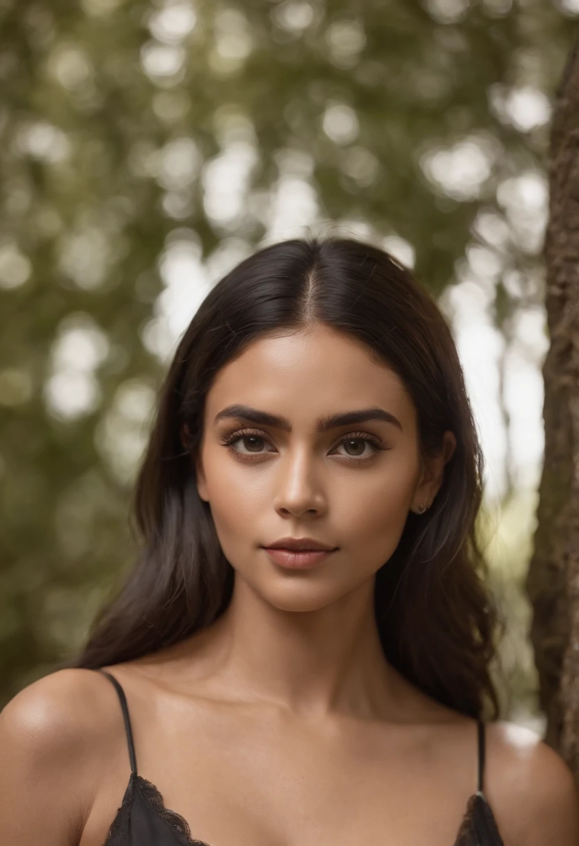 Morena, pele parda levemente azulada extremamente magra (skeletal), cabelo cacheado, olhos escuros