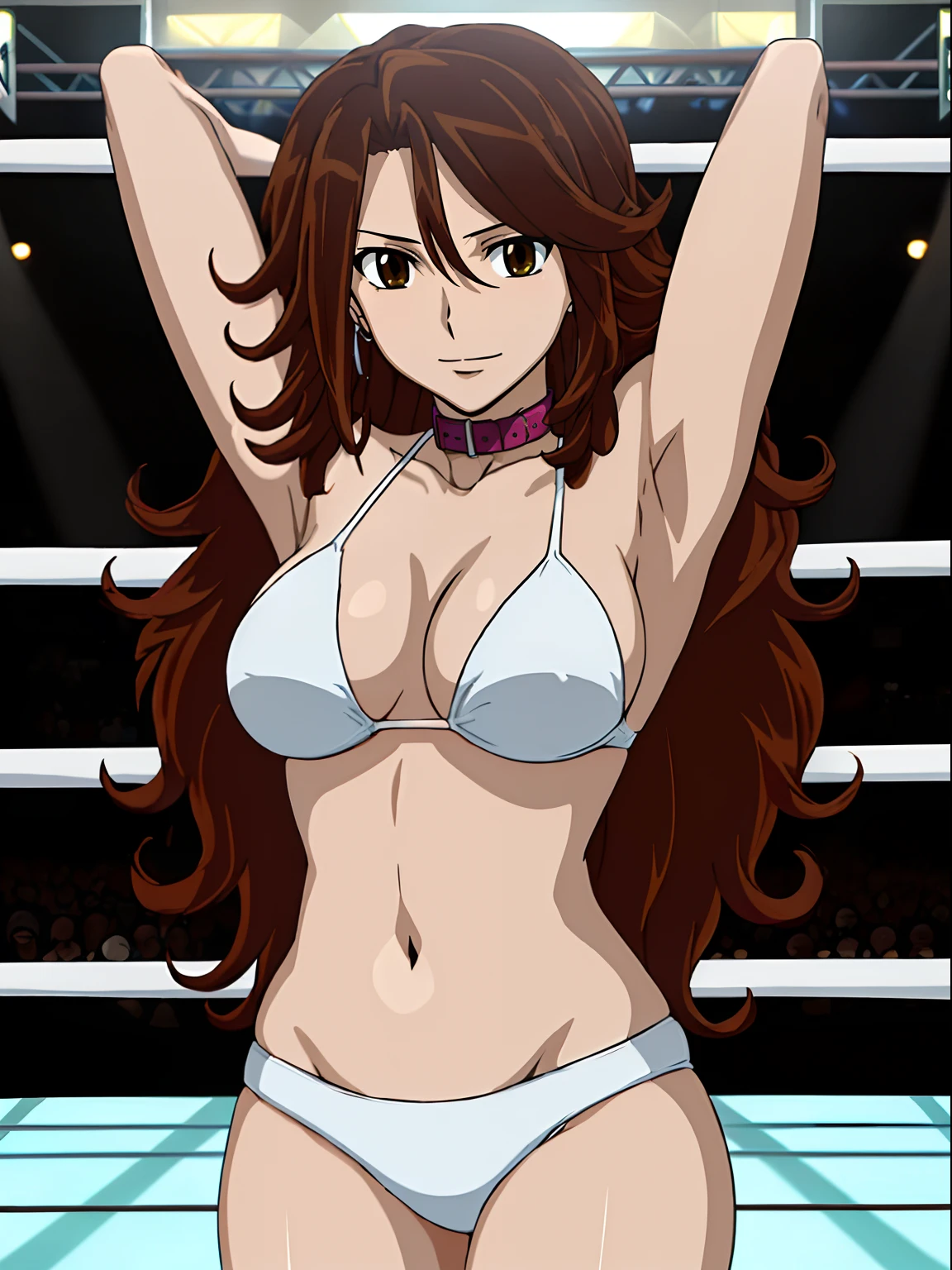 hug, Elegant lady, (upper body only), anime style: 1.8, anime drawing, ultra detailed face, ultra detailed body, 4k, Sumergai Lee Noriega, (standing), best quality, anime style, hires, highest definition, digital blending, bold drawing lines, ((wwe diva), (location: wrestling arena, crowds watching), ( slim body, (little biceps), , off-shoulders, closed fists, (curvy: 2.8)), ((white bikini, only, white gloves, collar, armpit protector)), victorious, winner, gentle, (pale skin, shiny skin, very big breasts, smile), (big eyes, brown eyes), (clapping), (brown hair, loose hair, curly hair, wavy hair, long hair, missy hair), 27 years old,