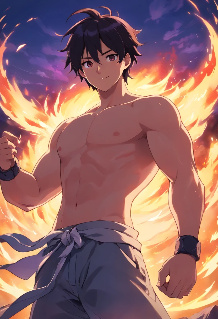 A man with black hair moving upward, transformed into an anime style, with exaggerated unique facial features and no shirt with fire Tattoo on body, left hand with dragon scale and fire ball hold in left hand , one eye flame, standing on a hill with black purple red fire aura , backlit background highlighting the subject, high-contrast colors, 4K high-definition quality，young, smiling, warrior , god like look, full body