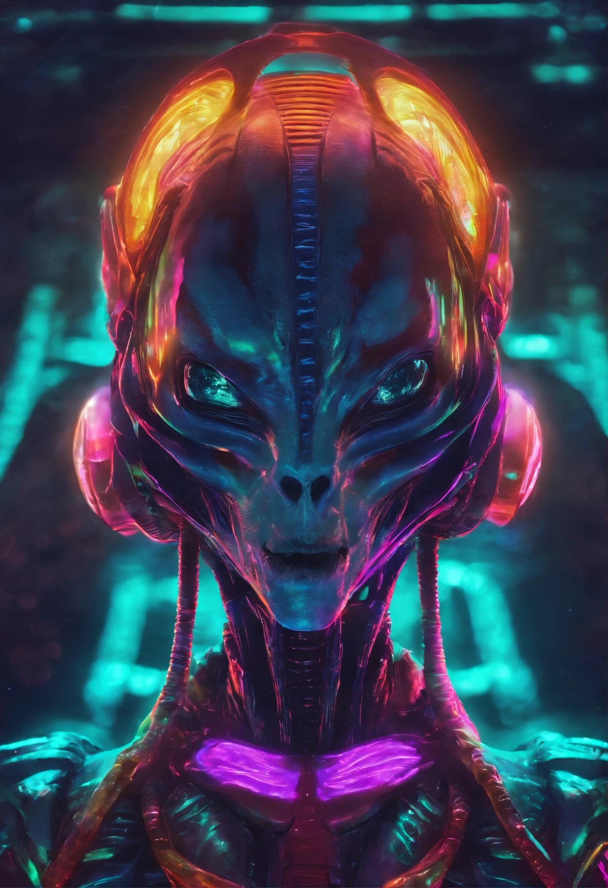 a masterpiece alien in a halloween custome, glowing iridicent neon colors