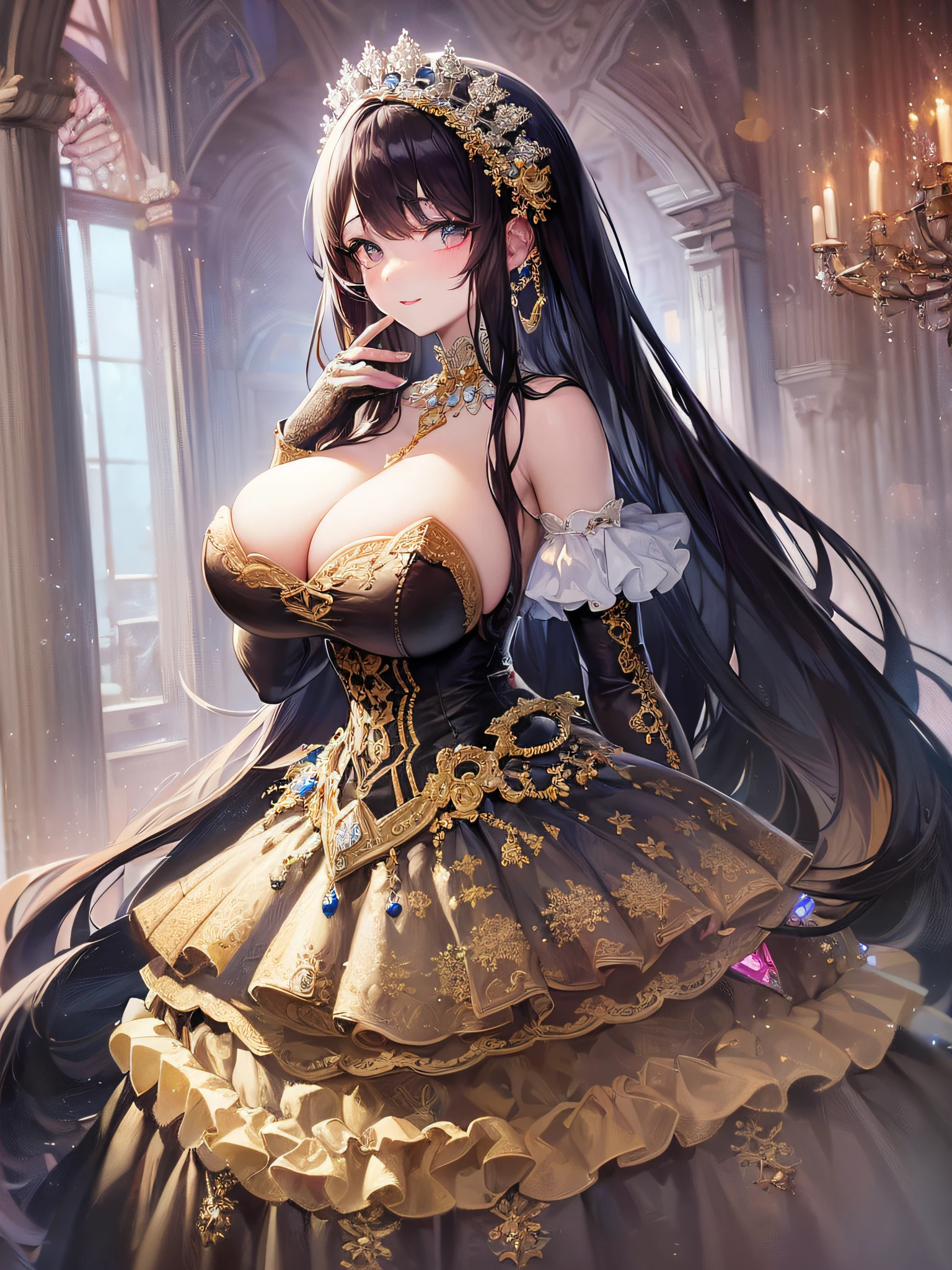 ((anime artstyle)),(Masterpiece),(Best Quality), (Super Detail),(Highly Detailed CG Unity 8k wallpaper),((Very Delicate and Beautiful)),cinematic lighting,1 girl,((full body portrait)),((standing in garden)),((solo)),(((1 fairytale princess in gorgeous embroidery and jeweled extremely gorgeous rococo princess ballgown with voluminous full length hoop skirt))),an hourglass waist,padded and corseted bodice,(((huge crinoline hoopskirt))),long train,((gorgeous embroidery and jeweled)),voluminous frills,See-through,(((extremely gigantic tits,skindentation))),cleavage,((absurdly Long Straight Hair,extremely voluminous Straight long Hair,absurdly Long Straight Hair)),(finely detailed face and eyes),(Blush,Smile),clear pupil,extremely gorgeousfull hair ornament,(bling-bling jeweled extremely gorgeousfull tiara),((bling-bling gorgeous gemstone jewelry)),gorgeous long veil,((ultra long gloves)),(beautiful background),(full body),((gorgeous embroidery and jeweled extremely gorgeous rococo princess ballgown with voluminous full length hoop skirt))