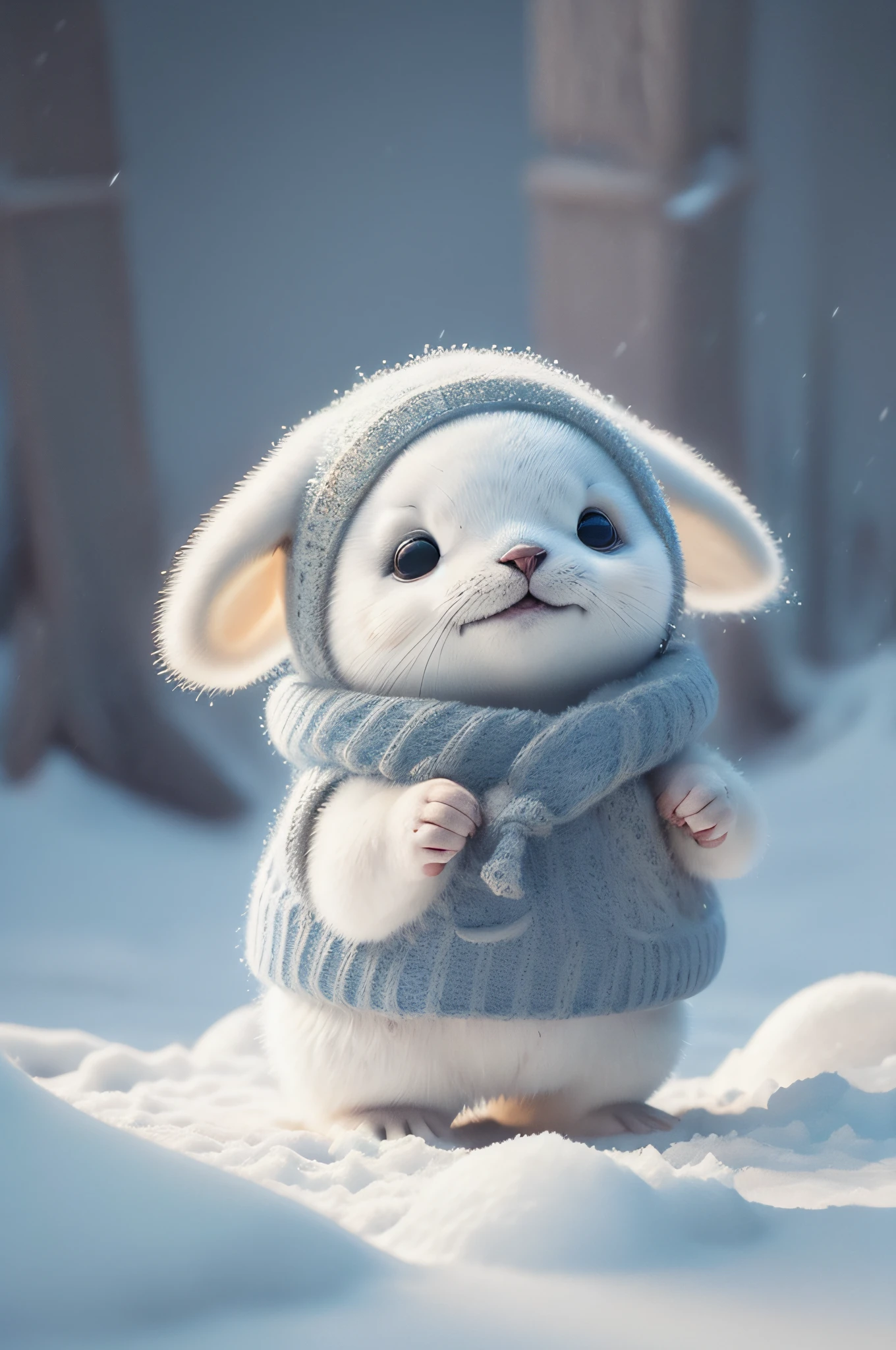 cute harp seal with fluffy fur wearing a snapback hat, lying flat down in snow, head and body covered in a pile of snow, snowing in the arctic, vivid colors, 3d render, bright lighting, vivid colors, grinning from ear to ear,