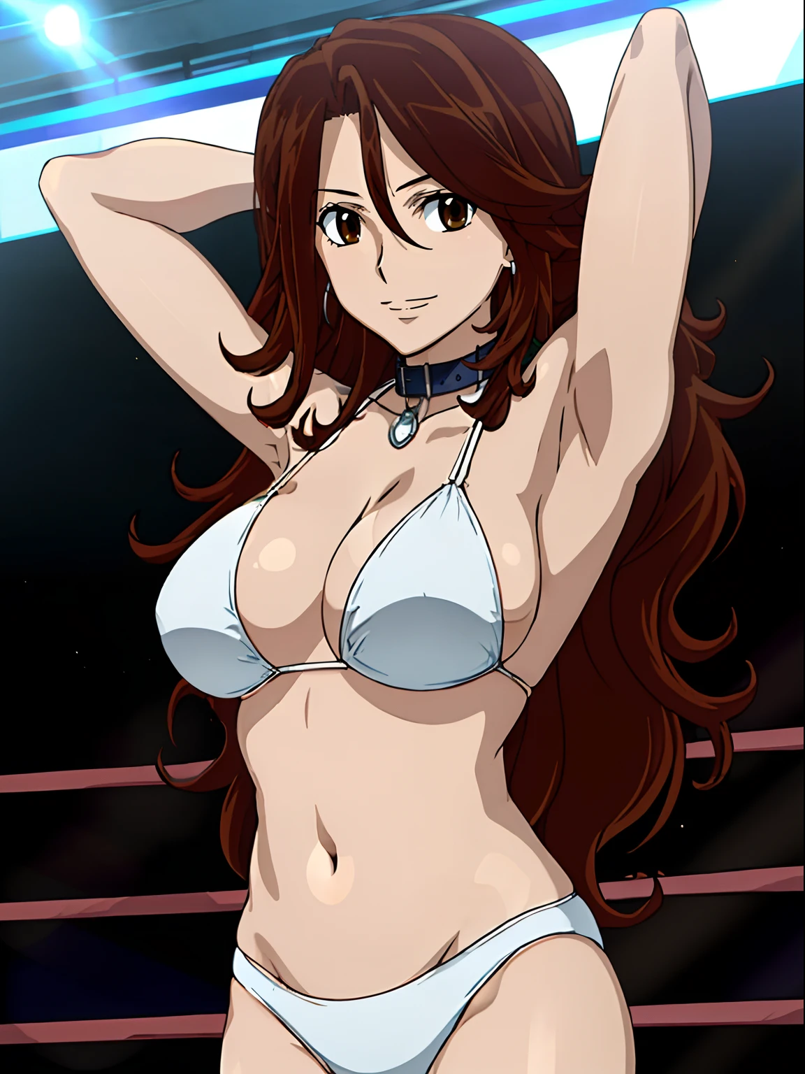 hug, Elegant lady, (upper body only), anime style: 1.8, anime drawing, ultra detailed face, ultra detailed body, 4k, Sumergai Lee Noriega, (standing), best quality, anime style, hires, highest definition, digital blending, bold drawing lines, ((wwe diva), (location: wrestling arena, crowds watching), ( slim body, (little biceps), , off-shoulders, closed fists, (curvy: 2.8)), ((white bikini, only, white gloves, collar, armpit protector)), victorious, winner, gentle, (pale skin, shiny skin, very big breasts, smile), (big eyes, brown eyes), (clapping), (brown hair, loose hair, curly hair, wavy hair, long hair, missy hair), 27 years old,