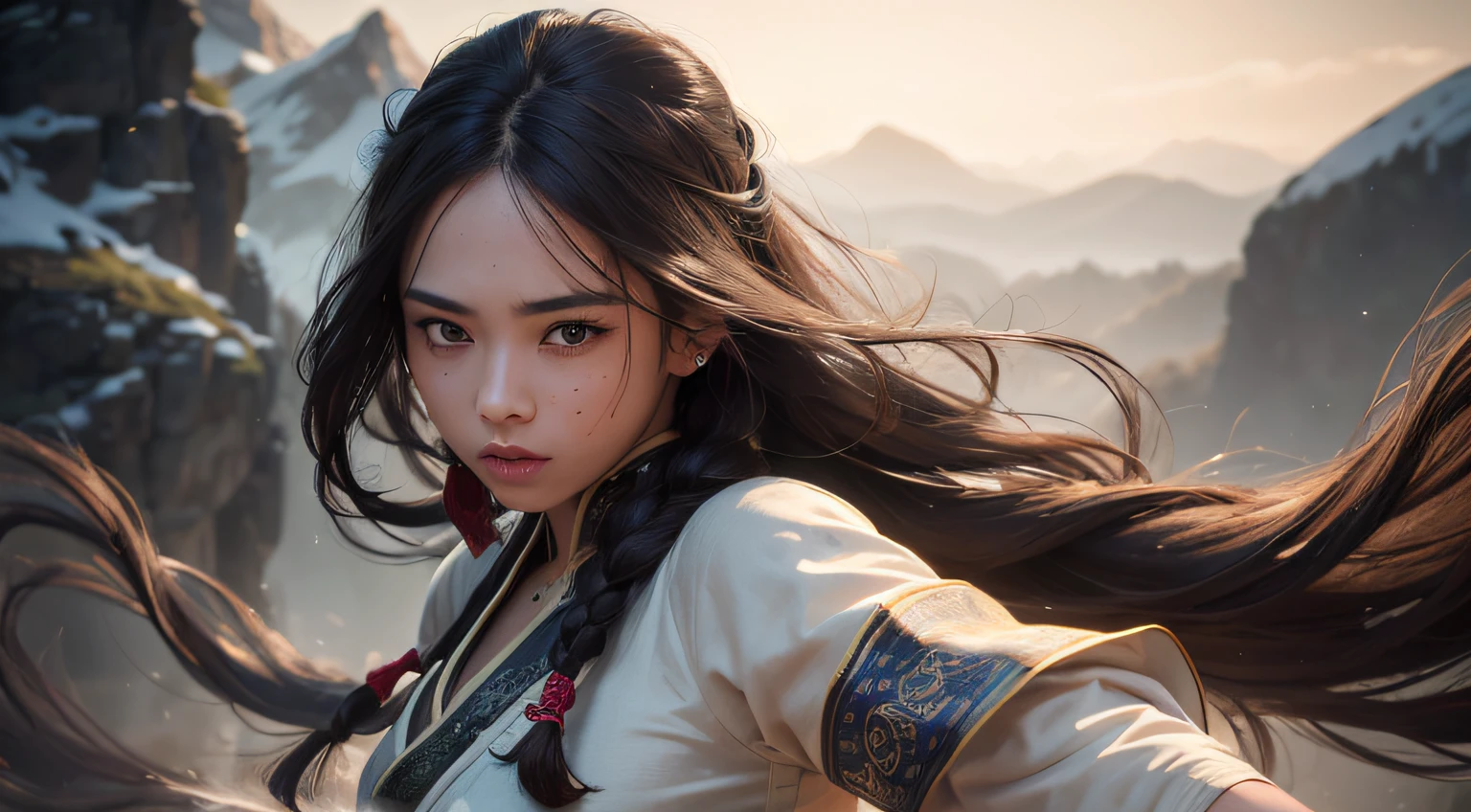 "(best quality,4k,8k,highres,masterpiece:1.2),ultra-detailed,(realistic,photorealistic,photo-realistic:1.37),1girl,long dark hair tied in a braid, beautiful detailed eyes, beautiful detailed lips, delicate face, wearing chinese martial arts robes,executing a jumping kick,nature surroundings,dynamic pose,vivid colors,landscape,studio lighting"