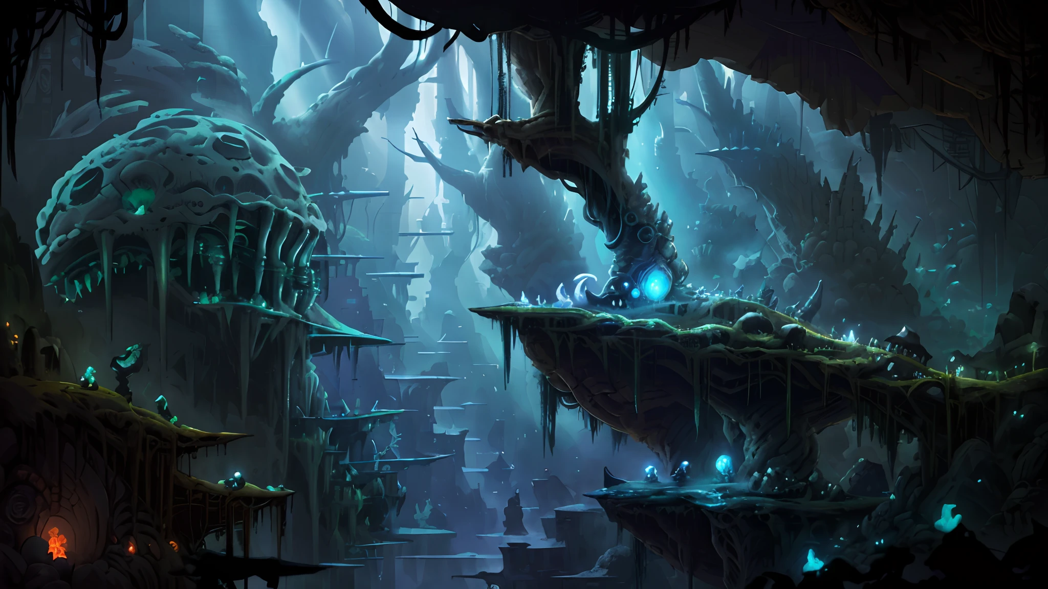 sideview, cave, 2D game, platform,Hollow Knight, Lovecraft, ((H.R Giger)), (Dan Mumford), ((ancient biomechanical city)), Dan Mumford. concept art, detailed sci-fi art, Cyber ​​Sanctuary, detailed cover art, alien temple,  Giger RH style,  h r giger style