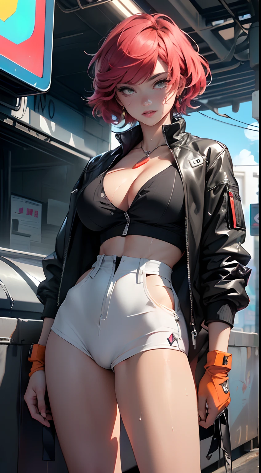 mechanical girl,(1girl: 1.3),((1girl with extremely cute and beautiful red hair)),
(big breasts: 1.4),sagging breasts,(((short red hair: 1.35,cropped,redhead,very short hair))),((heterochromia:1.5, (orange eye and red eye))),intricate eyes,beautiful detailed eyes,symmetrical eyes,(fat),((((tan,dark skin,black skin:1.35,dark-skinned_female,lustrous skin:1.5,bright skin: 1.5,shiny skin,very shiny skin,shiny body,illuminated skin,wet legs)))),(spider lower abdomen,narrow waist,wide hip ,athletic body,inflated legs,delicate and detailed fingers,detailed body,(detailed face)),((muscle legs)),((muscular thighs)),((muscular girl)),((strong and muscular,bodybuilder,strong body,muscular,feminine and muscular)),((ABS)),(huge stature,tall stature,very tall girl),
cute,slutty,sensual,seductive look,seductive,erotic,((nsfw)),
(fitted overalls: 1.3,suit unbuttoned),(((mechanical tools on his clothing,cyberpunk clothes))),(((huge cleavage))),((wet clothes,intricate outfit,intricate clothes)),
(dynamic pose:1.0),embarrassed,(centered,scale to fit dimensions,Rule of thirds),
cyberpunk city by the ocean at night, with bright neon signs and dark stormy clouds and puddles, scenery:1.25,
artistic photography,(photography taken by sldr),highres, sharp focus, (ultra detailed, extremely detailed), (photorealistic artwork:1.37),(extremely detailed CG unity 8k ),((synthwave background theme)),(((vibrant colors))),(intricate background),(masterpiece),(best quality), orange accent