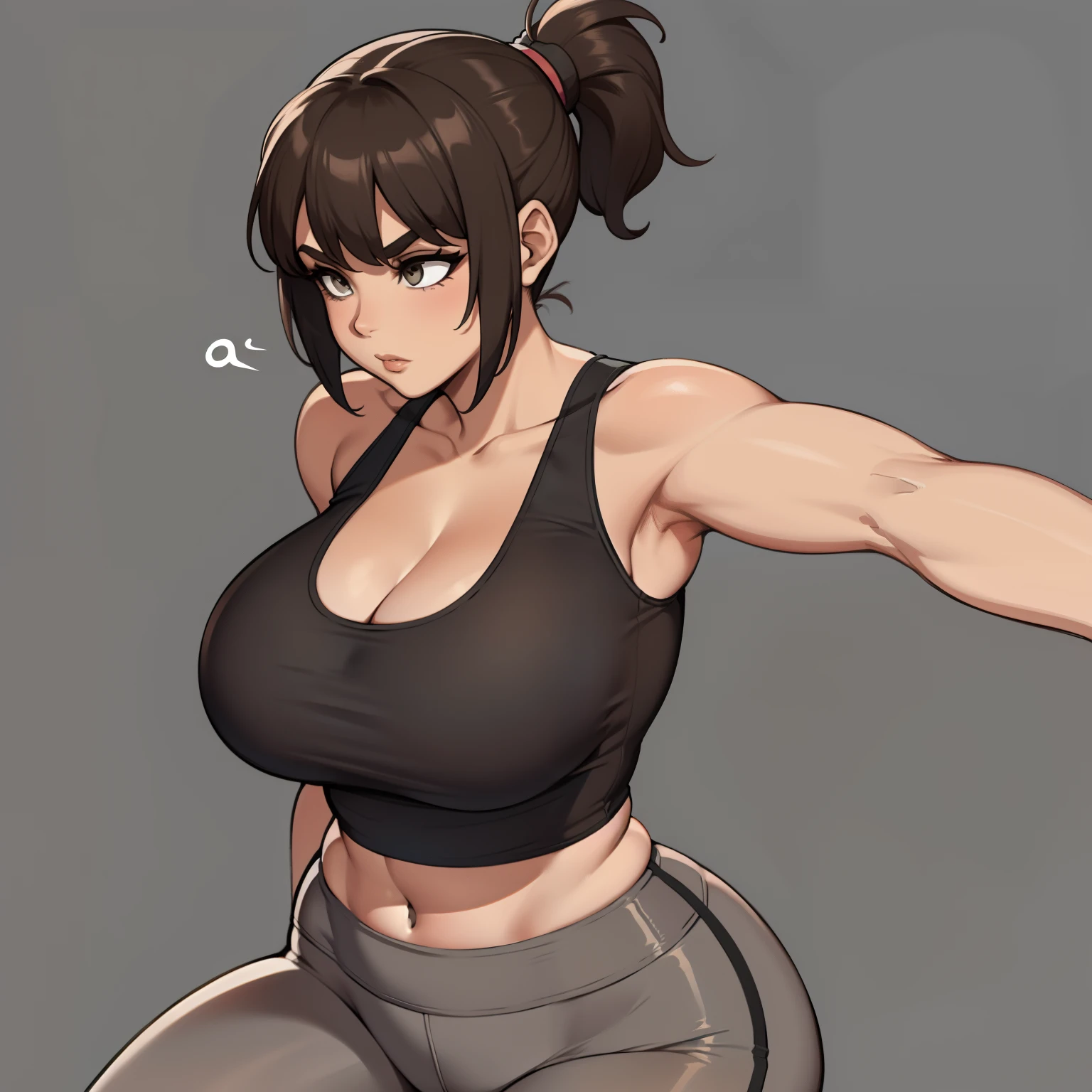 one female with short ponytail brown haircut, wearing yoga pants and a grey cropped tank top, thicc, alone, solo, (ALONE)(SOLO), showing cleavage, facing forward
