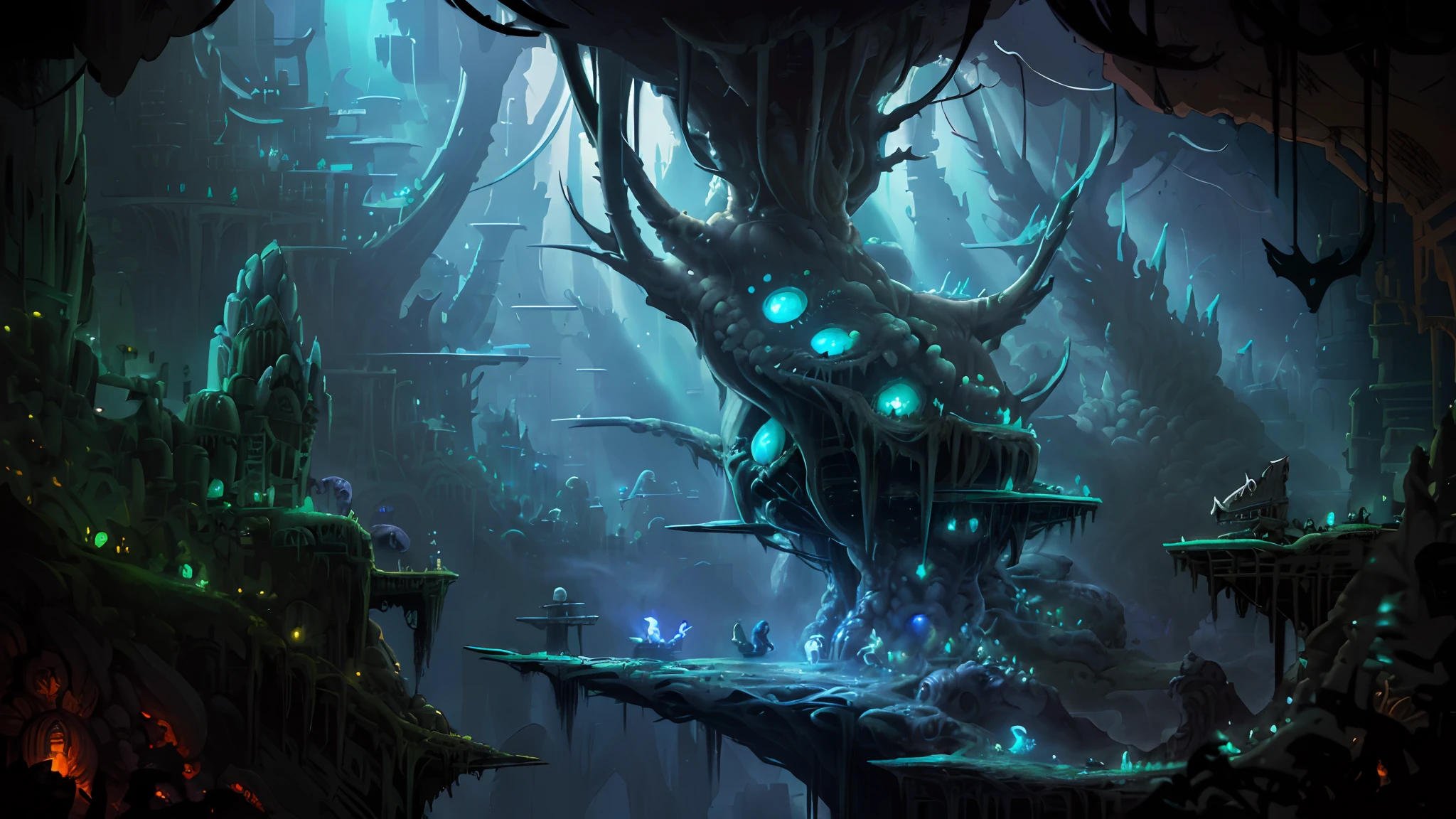 sideview, cave, 2D game, platform,Hollow Knight, Lovecraft, ((H.R Giger)), (Dan Mumford), ((ancient biomechanical city)), Dan Mumford. concept art, detailed sci-fi art, Cyber ​​Sanctuary, detailed cover art, alien temple,  Giger RH style,  h r giger style