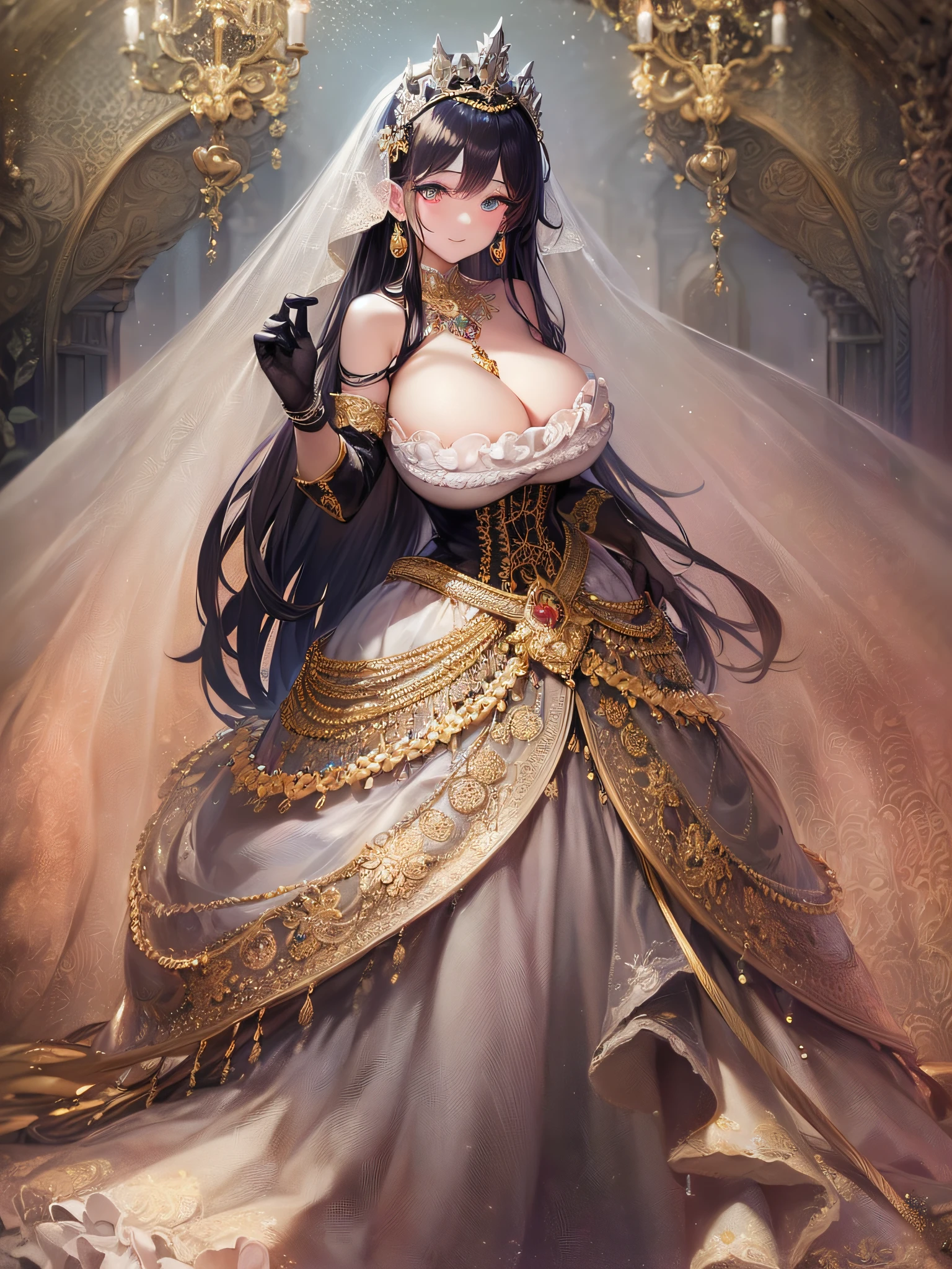 ((anime artstyle)),(Masterpiece),(Best Quality), (Super Detail),(Highly Detailed CG Unity 8k wallpaper),((Very Delicate and Beautiful)),cinematic lighting,1 girl,((full body portrait)),((standing in garden)),((solo)),(((1 fairytale princess in gorgeous embroidery and jeweled extremely gorgeous rococo princess ballgown with voluminous full length hoop skirt))),an hourglass waist,padded and corseted bodice,(((huge crinoline hoopskirt))),long train,((gorgeous embroidery and jeweled)),voluminous frills,See-through,(((extremely gigantic tits,skindentation))),cleavage,((absurdly Long Straight Hair,extremely voluminous Straight long Hair,absurdly Long Straight Hair)),(finely detailed face and eyes),(Blush,Smile),clear pupil,extremely gorgeousfull hair ornament,(bling-bling jeweled extremely gorgeousfull tiara),((bling-bling gorgeous gemstone jewelry)),gorgeous long veil,((ultra long gloves)),(beautiful background),(full body),((gorgeous embroidery and jeweled extremely gorgeous rococo princess ballgown with voluminous full length hoop skirt))