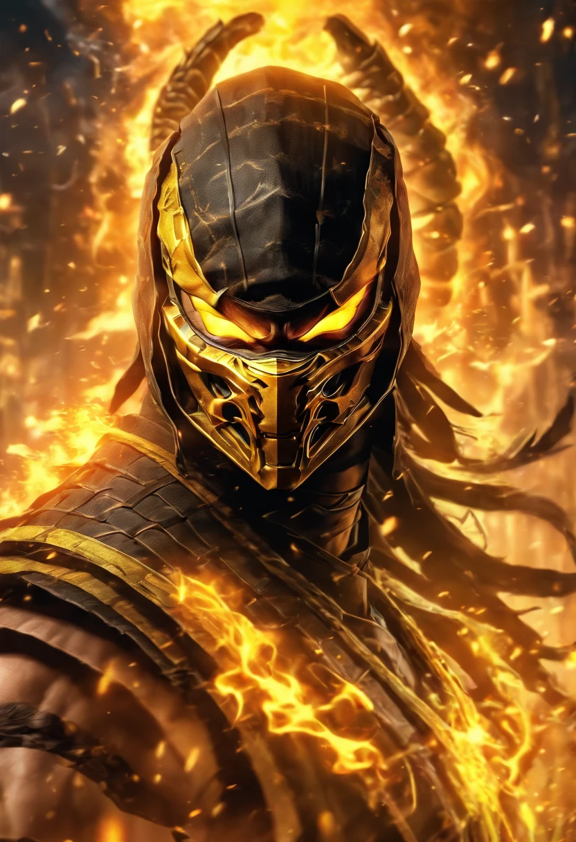 scorpion from mortal kombat, olhos brancos, classic mask, Filmes 1995, sai da floresta no nevoeiro, atmosphere of darkness and horror, in the style of illusory portraits, modular, UHD, --AR 71:118 --s 750 --niji 5