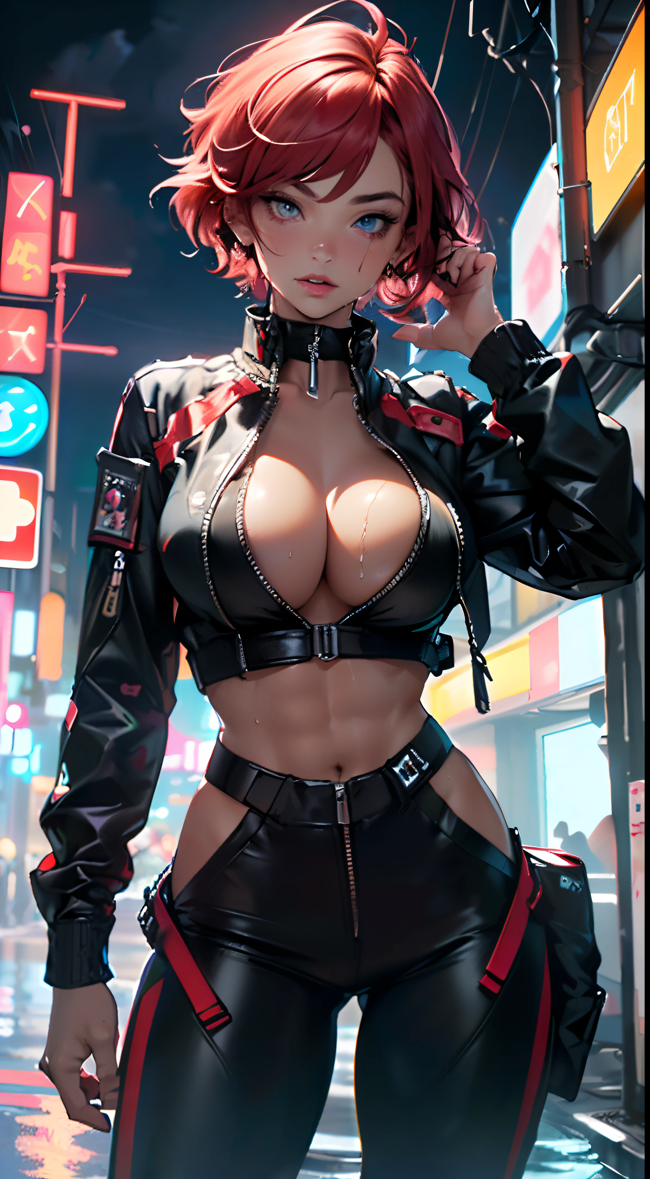 mechanical girl,(1girl: 1.3),((1girl with extremely cute and beautiful red hair)),
(big breasts: 1.4),sagging breasts,(((short red hair: 1.35,cropped,redhead,very short hair))),((heterochromia:1.5, (orange eye and red eye))),intricate eyes,beautiful detailed eyes,symmetrical eyes,(fat),((((tan,dark skin,black skin:1.35,dark-skinned_female,lustrous skin:1.5,bright skin: 1.5,shiny skin,very shiny skin,shiny body,illuminated skin,wet legs)))),(spider lower abdomen,narrow waist,wide hip ,athletic body,inflated legs,delicate and detailed fingers,detailed body,(detailed face)),((muscle legs)),((muscular thighs)),((muscular girl)),((strong and muscular,bodybuilder,strong body,muscular,feminine and muscular)),((ABS)),(huge stature,tall stature,very tall girl),
cute,slutty,sensual,seductive look,seductive,erotic,((nsfw)),
(fitted overalls: 1.3,suit unbuttoned),(((mechanical tools on his clothing,cyberpunk clothes))),(((huge cleavage))),((wet clothes,intricate outfit,intricate clothes)),
(dynamic pose:1.0),embarrassed,(centered,scale to fit dimensions,Rule of thirds),
cyberpunk city by the ocean at night, with bright neon signs and dark stormy clouds and puddles, scenery:1.25,
artistic photography,(photography taken by sldr),highres, sharp focus, (ultra detailed, extremely detailed), (photorealistic artwork:1.37),(extremely detailed CG unity 8k ),((synthwave background theme)),(((vibrant colors))),(intricate background),(masterpiece),(best quality), orange accent