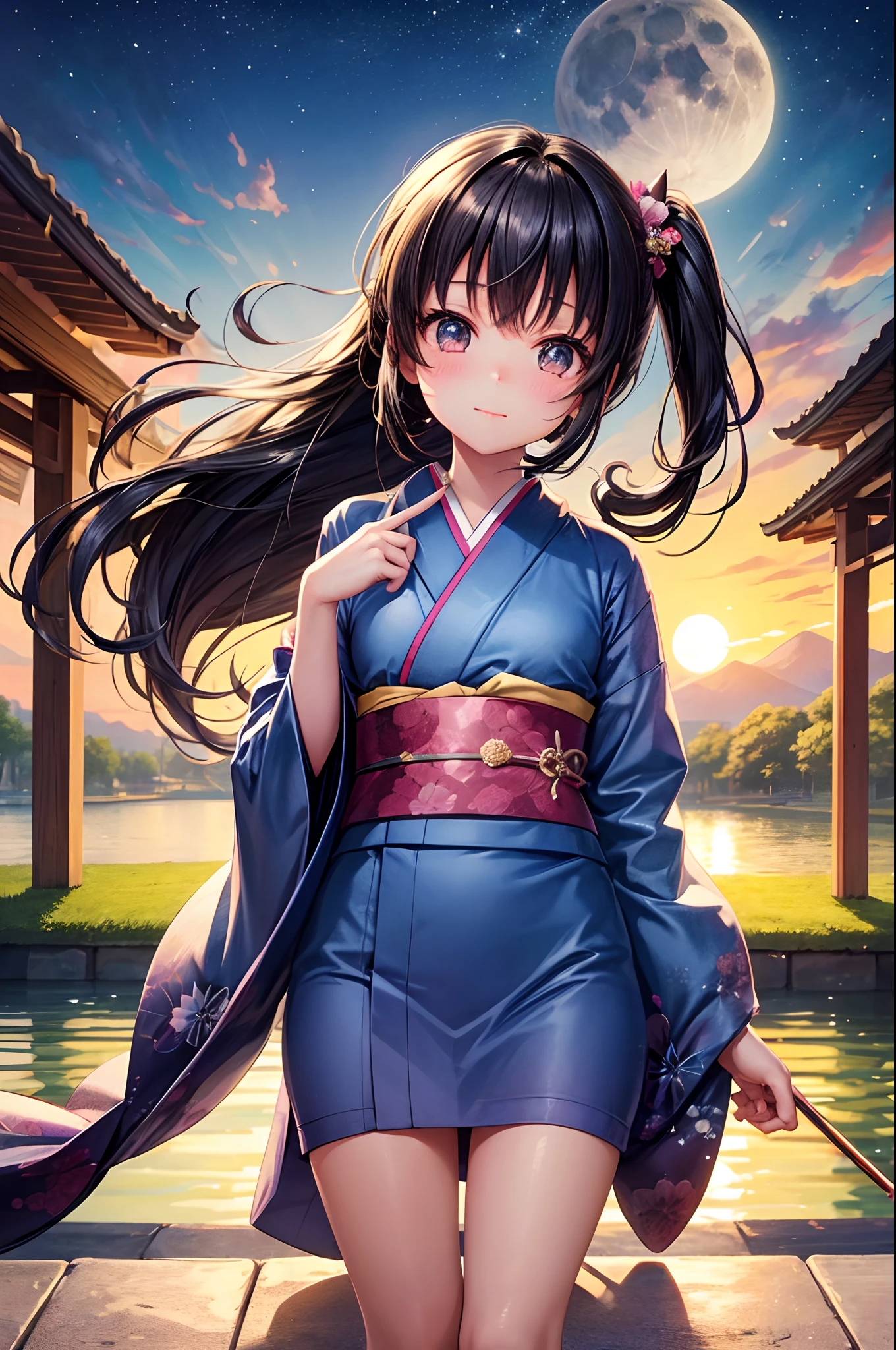 Best Quality、Little Girl、Very cute、Terena's face、poneyTail、Moon Night、Black hair、Schools、I want to blush、Staring at this、Wink、twinkling、Kimono、Serve tea