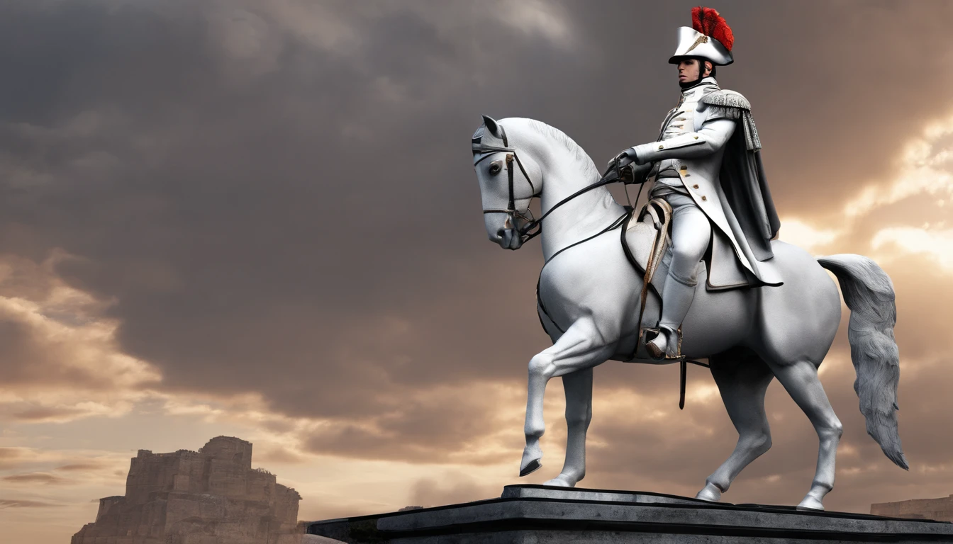 A realistic 3D rendering of Napoleon Bonaparte in statue format with the sunset in the background. Napoleon should be riding a white horse, ready to conquer Europe in 16:9 format. no estilo de photoshoot hiper-realismo detalhado