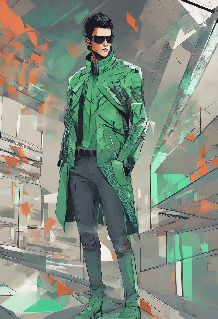 una imagen vector donde, se puede ver a un hombre que irradia una elegancia futurista en su apariencia. The cold colors dominate in his garment the protagonist is the green color The wide pants he wears have a rough and unique texture that reflects a mixture of modern and advanced elements. The fabric seems to be composed of microtechnology, with small subtle LED lights that flash intermittently along rough textures. The man's attire is completely asymmetrical, (singular)lo que le da un toque vanguardista y llamativo. En su parte superior, He wears a jacket that wraps asymmetrically around his torso, creating a sense of movement and dynamism in your style. The jacket is adorned with metallic details, con parches, trasparencias. with organic textures.
