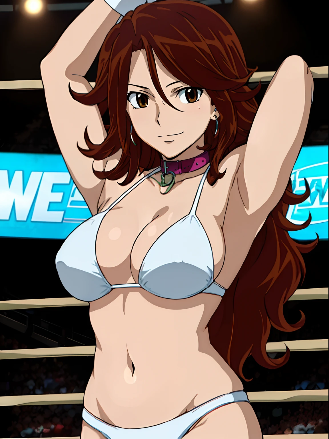 hug, Elegant lady, (upper body only), anime style: 1.8, anime drawing, ultra detailed face, ultra detailed body, 4k, Sumergai Lee Noriega, (standing), best quality, anime style, hires, highest definition, digital blending, bold drawing lines, ((wwe diva), (location: wrestling arena, crowds watching), ( slim body, (little biceps), , off-shoulders, closed fists, (curvy: 2.8)), ((white bikini, only, white gloves, collar, armpit protector)), victorious, winner, gentle, (pale skin, shiny skin, very big breasts, smile), (big eyes, brown eyes), (clapping), (brown hair, loose hair, curly hair, wavy hair, long hair, missy hair), 27 years old,