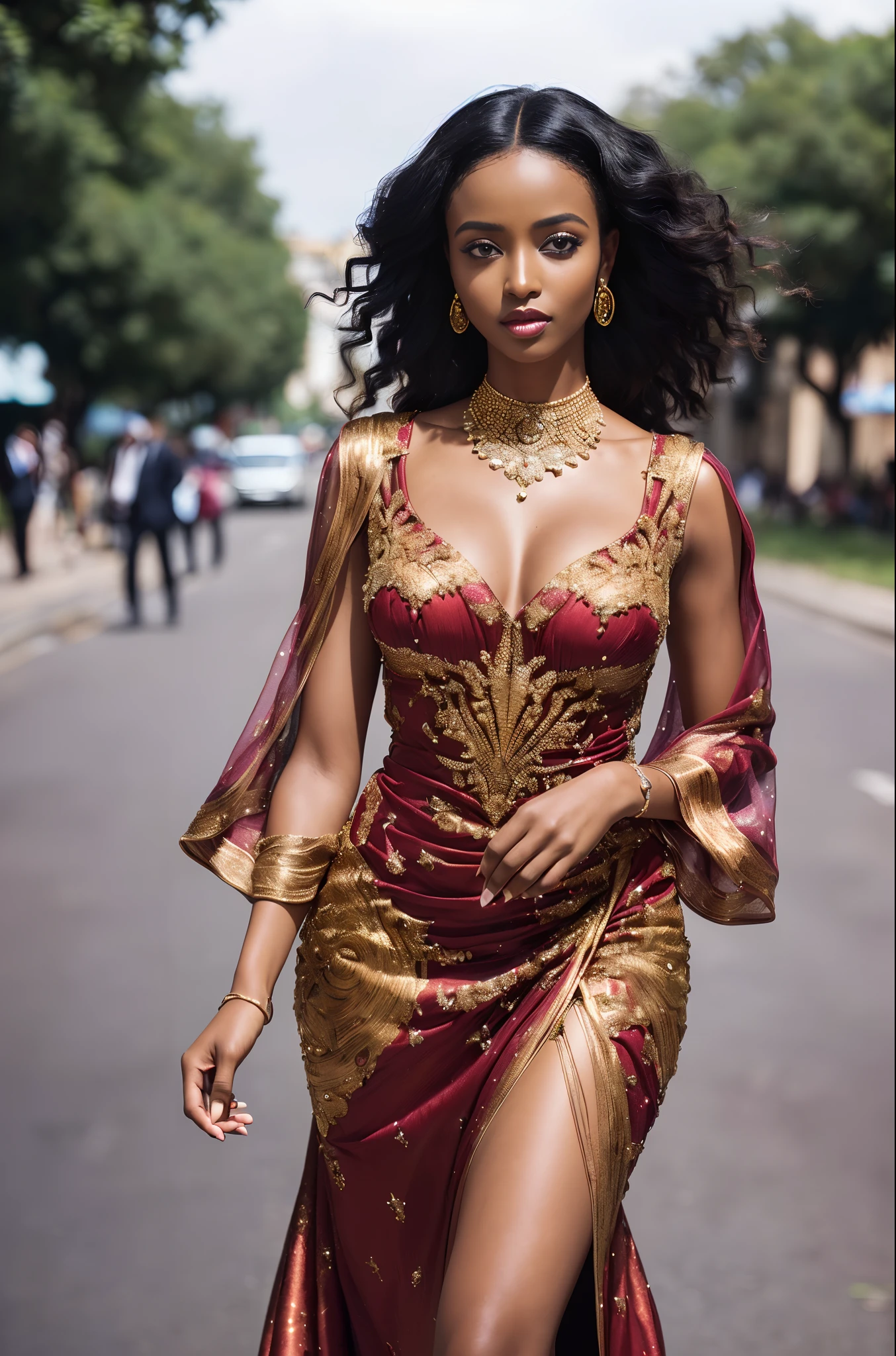 ((Masterpiece)), a beautiful Ethiopian woman, brown-black hair, wearing a colourful high detail gown, walking the streets of Addis Ababa, (UHD, 8K wallpaper, High resolution), Cinematic lighting, award-winning, extremely detailed skin, extra detailed face, high detail eyes, photo-realistic, Zeiss 85 mm F/1.4, by Ellen von Unwerth