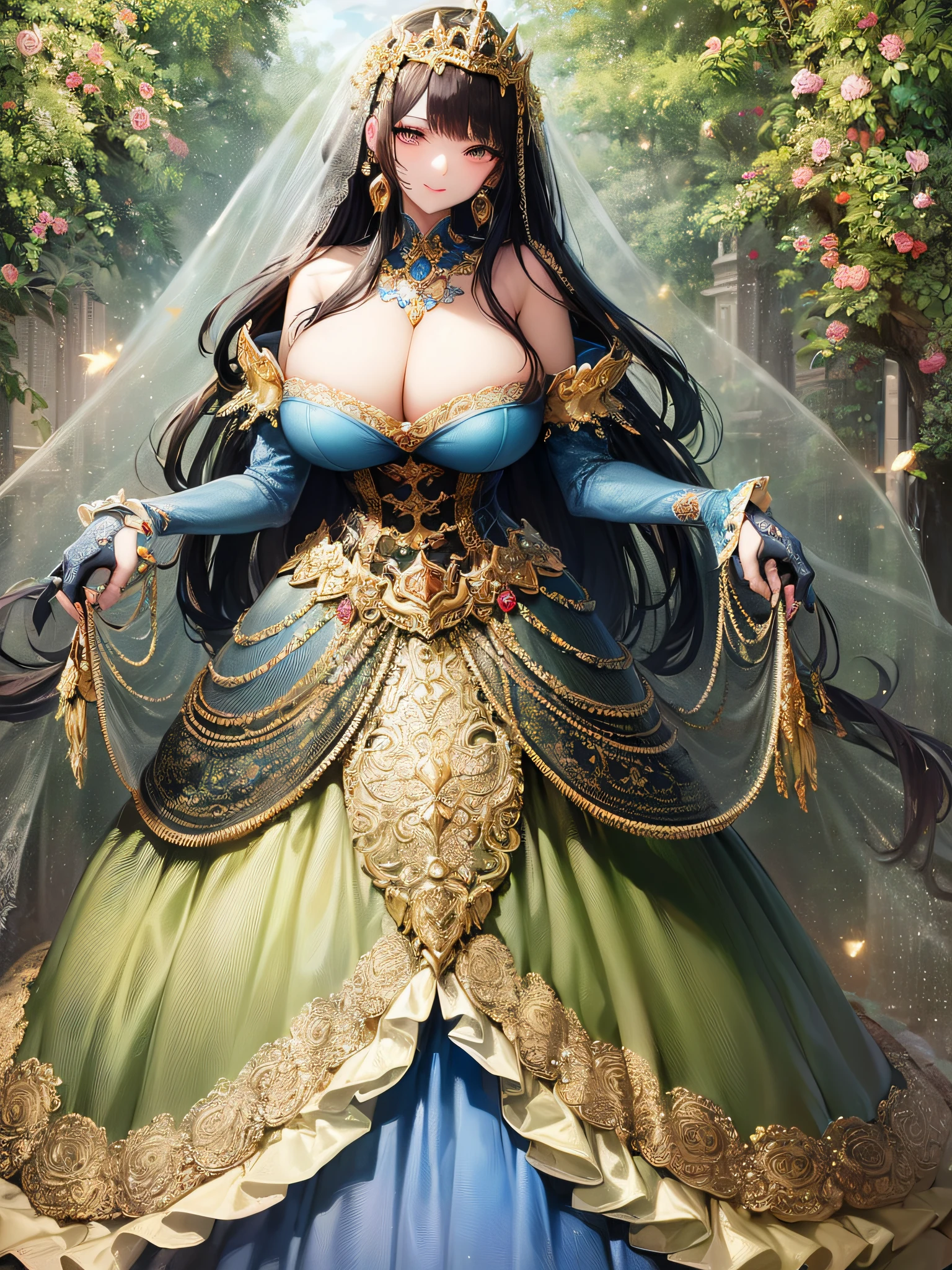 ((anime artstyle)),(Masterpiece),(Best Quality), (Super Detail),(Highly Detailed CG Unity 8k wallpaper),((Very Delicate and Beautiful)),cinematic lighting,1 girl,((full body portrait)),((standing in garden)),((solo)),(((1 fairytale princess in gorgeous embroidery and jeweled extremely gorgeous rococo princess ballgown with voluminous full length hoop skirt))),an hourglass waist,padded and corseted bodice,(((huge crinoline hoopskirt))),long train,((gorgeous embroidery and jeweled)),voluminous frills,See-through,(((extremely gigantic tits,skindentation))),cleavage,((absurdly Long Straight Hair,extremely voluminous Straight long Hair,absurdly Long Straight Hair)),(finely detailed face and eyes),(Blush,Smile),clear pupil,extremely gorgeousfull hair ornament,(bling-bling jeweled extremely gorgeousfull tiara),((bling-bling gorgeous gemstone jewelry)),gorgeous long veil,((ultra long gloves)),(beautiful background),(full body),((gorgeous embroidery and jeweled extremely gorgeous rococo princess ballgown with voluminous full length hoop skirt))