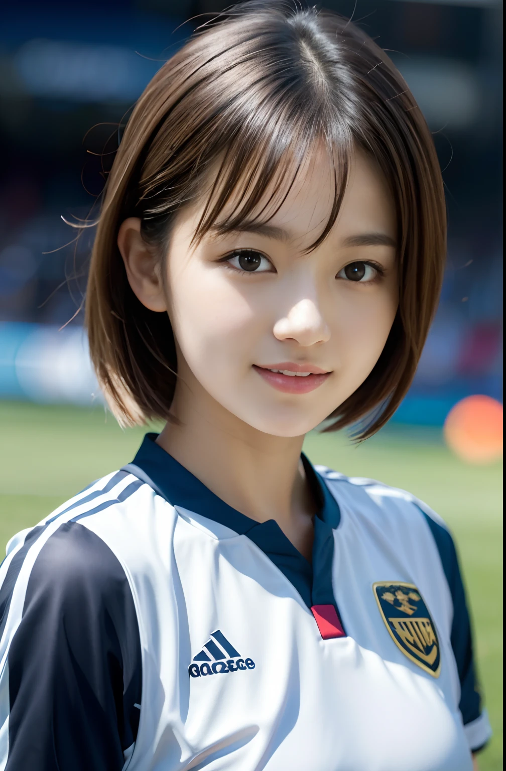(8K, Raw photo, top-quality, ​masterpiece: 1.2), ​masterpiece, super detailing, Ultra-high decomposition energy A, (Realistic and realistic photos: 1.37), high-definition RAW color photography, Very delicate and beautiful., About Igree, 8K Wallpaper, astonishing, detaileds, extremely detailed eye, highlydetailed skin, extremely detailed fingers, highly detailed nose, highly detail mouth, perfect anatomia,1girll, (Soccer Uniforms), hazy, blured background, Blurred foreground, blush, braid, pectoral muscles, depth of fields, eyebrows visible through hair, Frild, hair between eye, Soccer Field、 Soccer Balls、Navel out、goal、Short hair, Solo, Colossal tits、乃木坂アイドル、韓国アイドル、hposing Gravure Idol、 Star、18year old、tall、韓国アイドル、乃木坂アイドル、 Star、hposing Gravure Idol、((full body Esbian)),