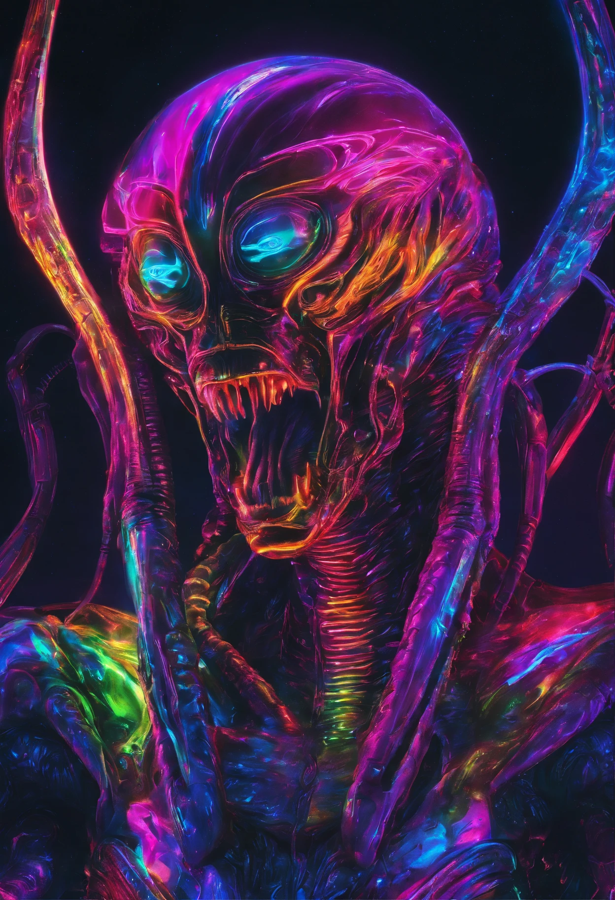 a masterpiece alien glowing iridicent neon colors detailed