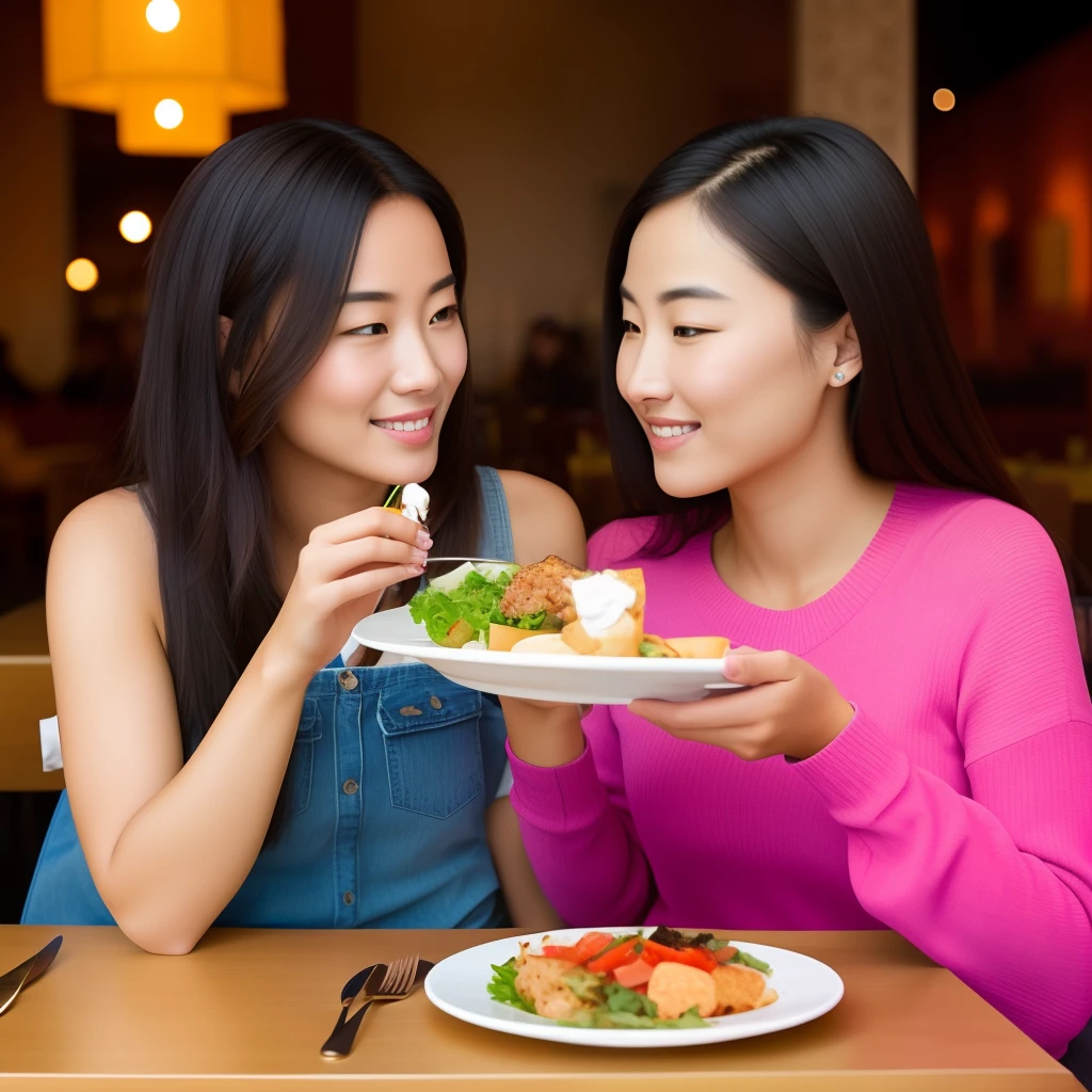 Ultra-realistic photo of the most beautiful woman in the world sitting in a restaurant with her girlfriend eating.