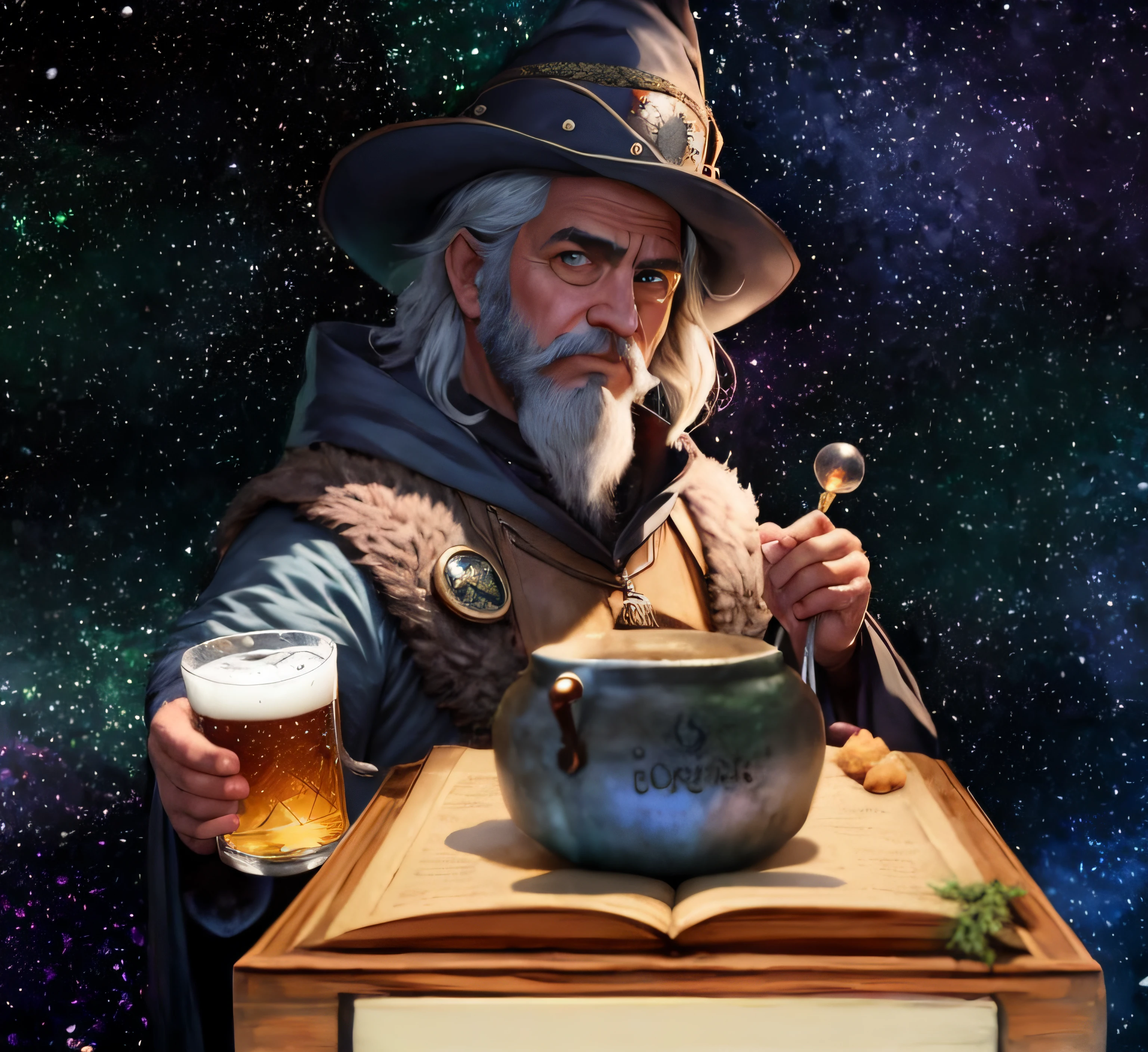 There's a man with a hat, Eye patch and thin beard holding a glass of beer, wizard casting a spell, an arcane wizard casting a spell, bruxo ponderando seu orbe, Magos, Um gnomo alquimista, assistente senta-se lendo em uma mesa, spell casting wizard, retrato de um mago, um alquimista, mago do tempo do meio-elfo, Retrato de um bruxo, alquimista masculino magro