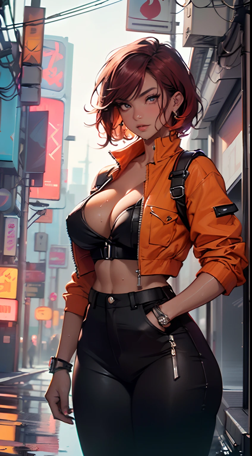 mechanical girl,(1girl: 1.3),((1girl with extremely cute and beautiful red hair)),
(big breasts: 1.4),sagging breasts,(((short red hair: 1.35,cropped,redhead,very short hair))),((heterochromia:1.5, (orange eye and red eye))),intricate eyes,beautiful detailed eyes,symmetrical eyes,(fat),((((tan,dark skin,black skin:1.35,dark-skinned_female,lustrous skin:1.5,bright skin: 1.5,shiny skin,very shiny skin,shiny body,illuminated skin,wet legs)))),(spider lower abdomen,narrow waist,wide hip ,athletic body,inflated legs,delicate and detailed fingers,detailed body,(detailed face)),((muscle legs)),((muscular thighs)),((muscular girl)),((strong and muscular,bodybuilder,strong body,muscular,feminine and muscular)),((ABS)),(huge stature,tall stature,very tall girl),
cute,slutty,sensual,seductive look,seductive,erotic,((nsfw)),
(fitted overalls: 1.3,suit unbuttoned),(((mechanical tools on his clothing,cyberpunk clothes))),(((huge cleavage))),((wet clothes,intricate outfit,intricate clothes)),
(dynamic pose:1.0),embarrassed,(centered,scale to fit dimensions,Rule of thirds),
cyberpunk city by the ocean at night, with bright neon signs and dark stormy clouds and puddles, scenery:1.25,
artistic photography,(photography taken by sldr),highres, sharp focus, (ultra detailed, extremely detailed), (photorealistic artwork:1.37),(extremely detailed CG unity 8k ),((synthwave background theme)),(((vibrant colors))),(intricate background),(masterpiece),(best quality), orange accent, 8k