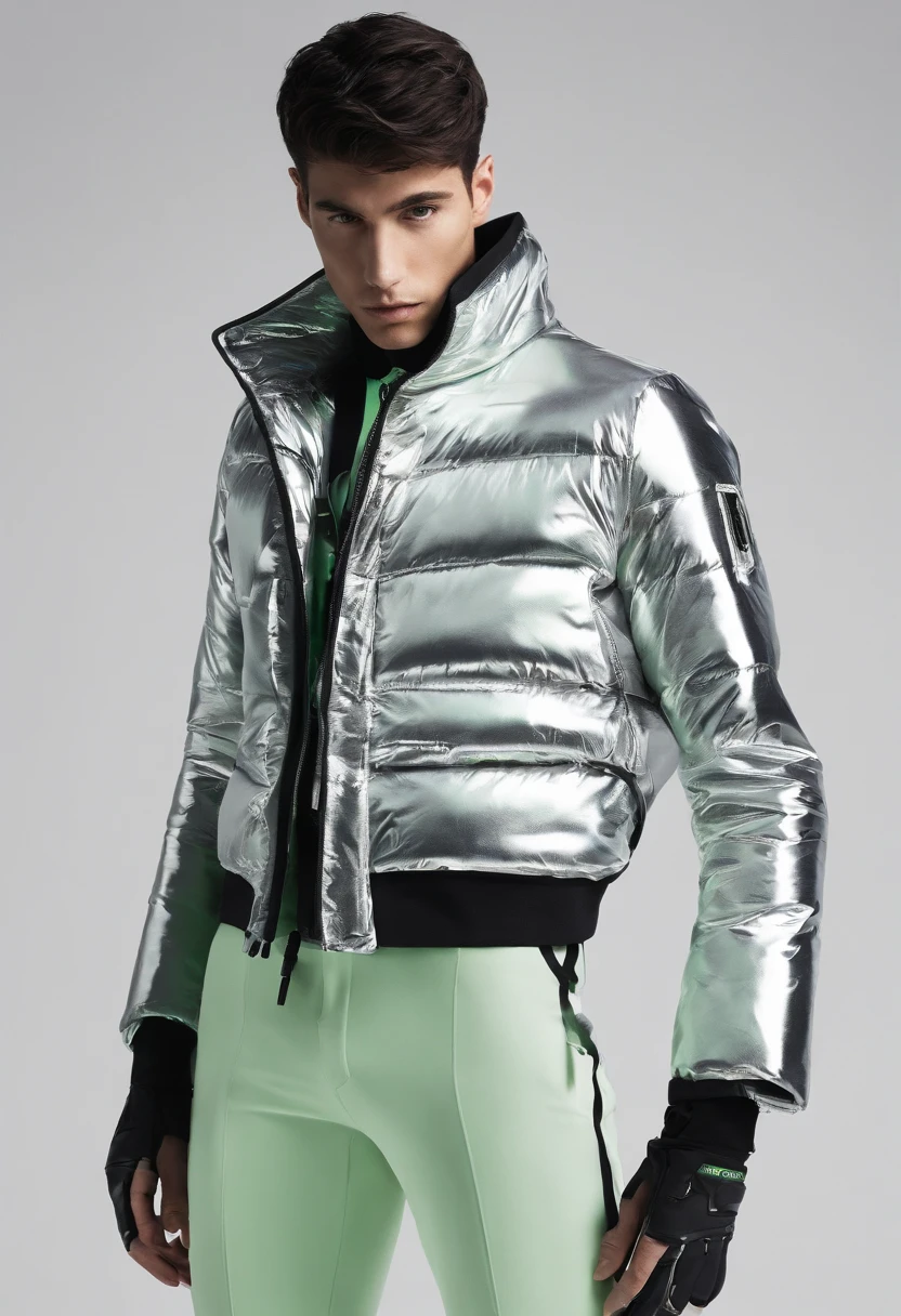 una imagen vector donde, se puede ver a un hombre que irradia una elegancia futurista en su apariencia. The cold colors dominate in his garment the protagonist is the green color The wide pants he wears have a rough and unique texture that reflects a mixture of modern and advanced elements. The fabric seems to be composed of microtechnology, with small subtle LED lights that flash intermittently along rough textures. The man's attire is completely asymmetrical, (singular)lo que le da un toque vanguardista y llamativo. En su parte superior, He wears a jacket that wraps asymmetrically around his torso, creating a sense of movement and dynamism in your style. The jacket is adorned with metallic details, con parches, trasparencias. with organic textures. (botas puffer)