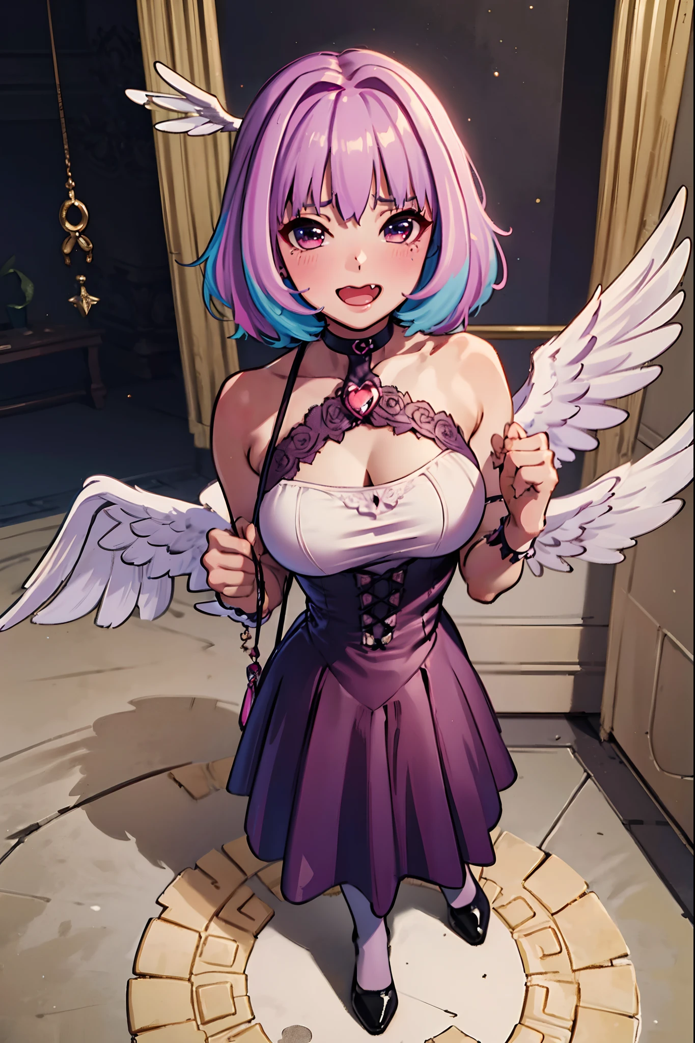 (best quality,masterpiece:1.2),intricate details,beautiful detailed eyes,beautiful detailed lips,extremely detailed eyes and face,longeyelashes,riamu, modeseven,super curvy,comic style,vibrant colors,standing,innocent, full body, standing, smile, princess dress, noble clothing, holy angel magicalgirl, open mouth fang