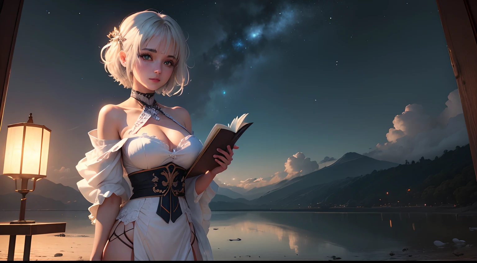 1girl, mulher maravilha, saia, detalhes dourados, Book in hand,  lua, Lanterna, Noite, sozinho, Wet, Vadear, water, flor, ao ar livre, heaven, lua cheia, chuva, cabelos pretos, fora do ombro, montanha, Cloud, propriedade, cinta, bareshoulders, lanterna de papel, Standing, night sky, boob lateral, Obi, roupas molhadas, franja, tree, lateralmente, reflection, short hair, Cloudy sky, cabelos molhados (((master part), (Papel de parede CG 8K extremamente detalhado), melhor qualidade, sozinho, 1girl, Cinematic lighting, Antecedentes detalhados, belos olhos detalhados, pupilas brilhantes, (um extremamente delicado e bonito), (Beautiful and detailed eye description), ultra detalhado, master part,)),